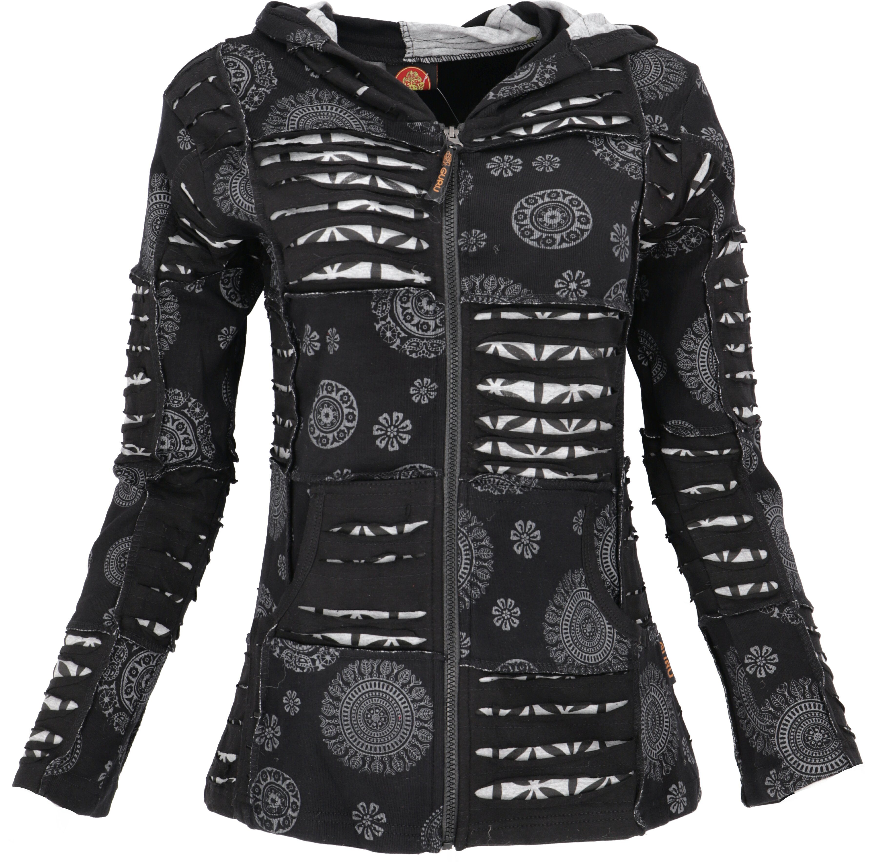Guru-Shop Langjacke Goa Patchwork Jacke, Boho Kapuzenjacke - schwarz altern günstig online kaufen