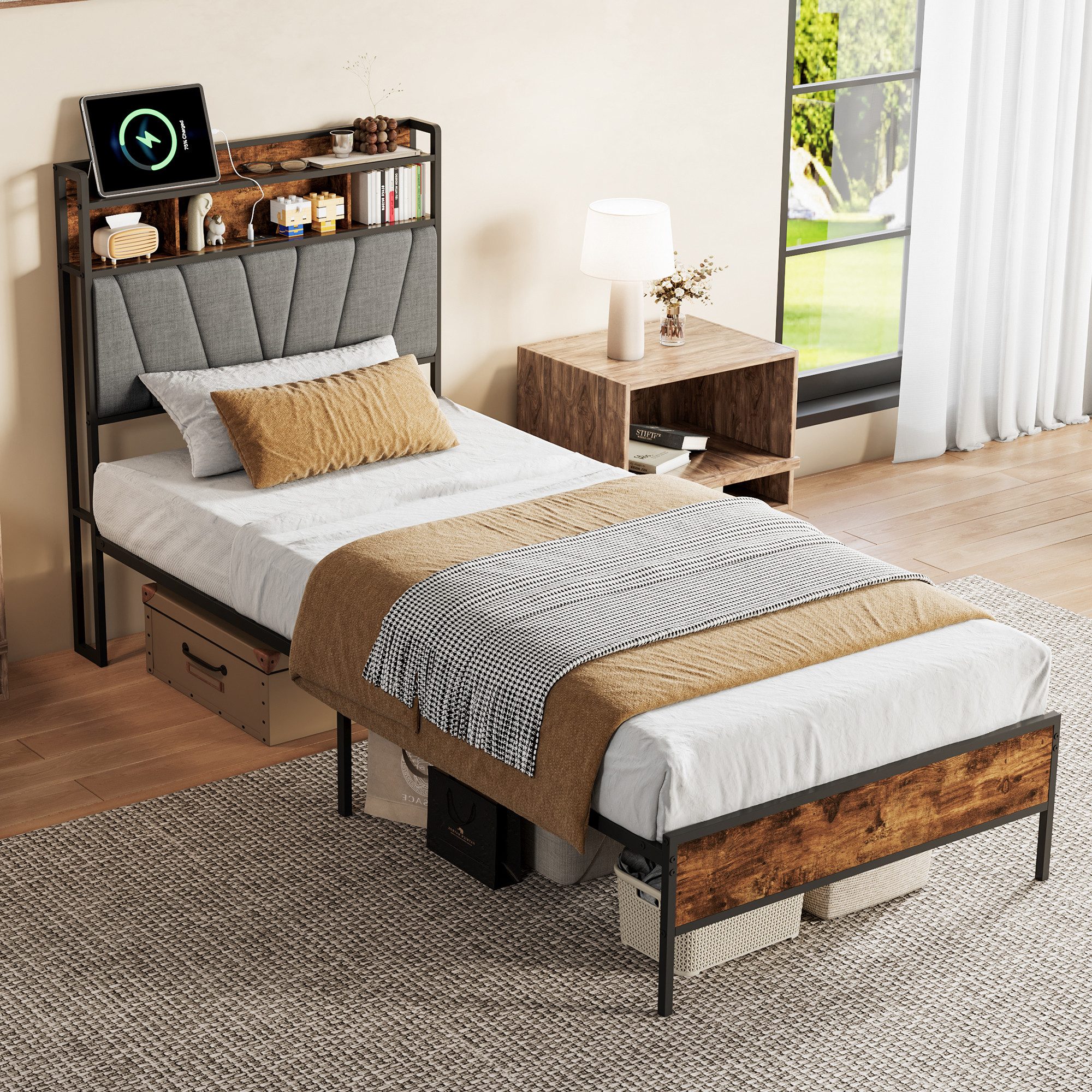 Gdood Polsterbett Stauraumbett LED Doppelbett (1 tlg, Geeignet für Jungen und Mädchen, Mit große Stauraum), mit Lattenrost und Ladefunktion, mit Komforthöhe, Leises Design Bett