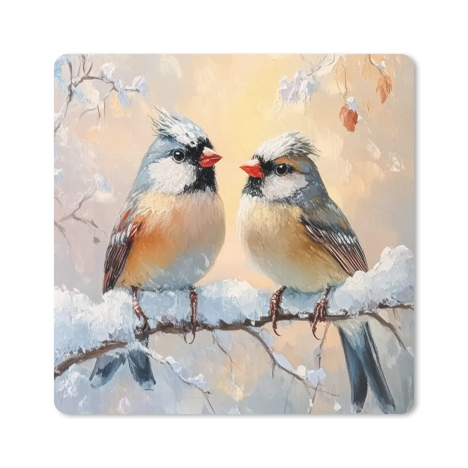 MuchoWow Mauspad Vögel - Zweig - Winter - Schnee (1-St), Mousepad, Schreibtisch Zubehör, Deko, 20x20 cm