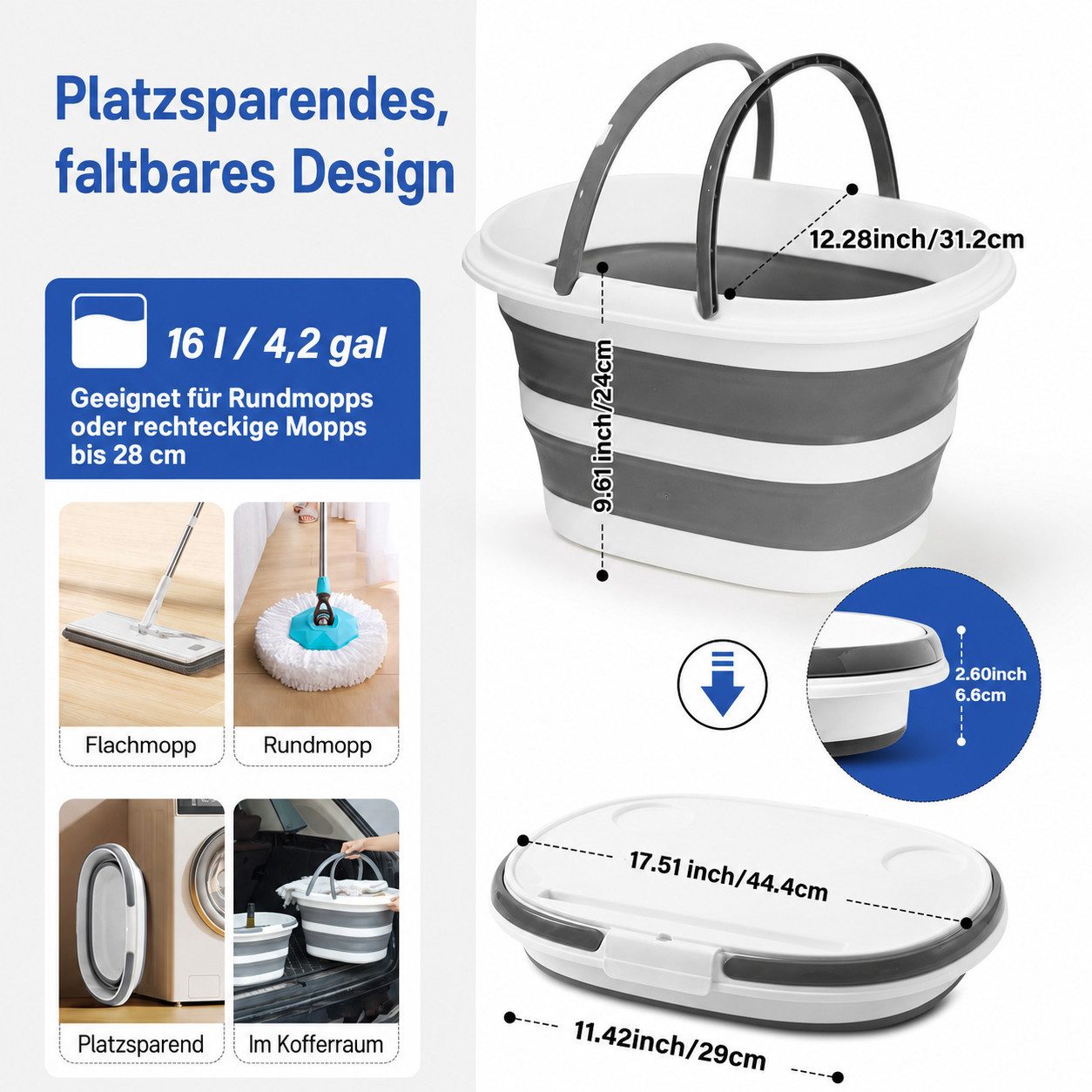 SURFOU Falteimer Faltbarer Silikon-Eimer 16L mit Griff & Deckel, auch als Picknickkorb, Platzsparend, tragbar, mit Griff & Deckel, für Camping & Reisen