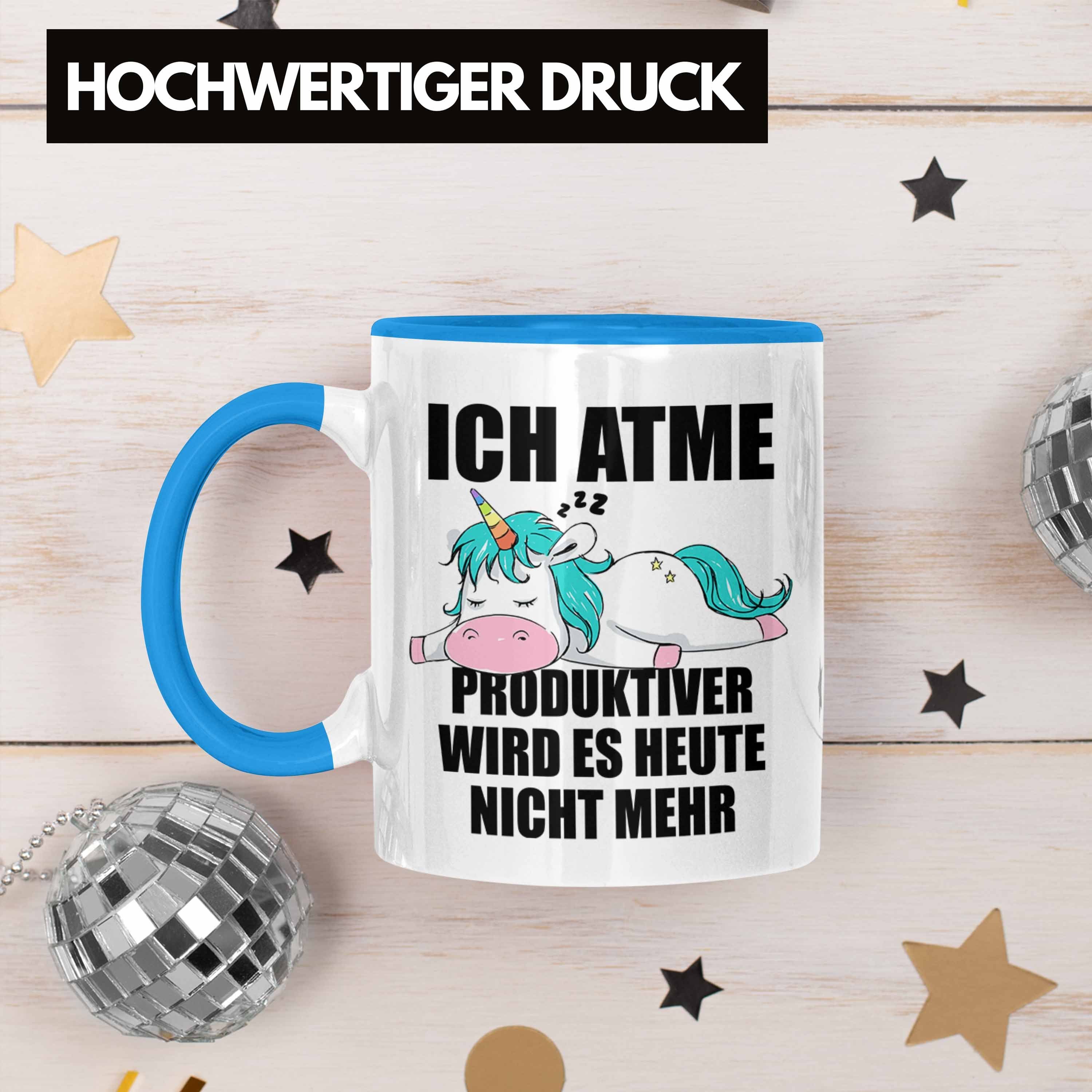 Trendation Tasse Trendation Frauen Mitarbeiterin Tasse Blau Lustige - mit Spruch Arbeitskollege Geschenk Einhorn