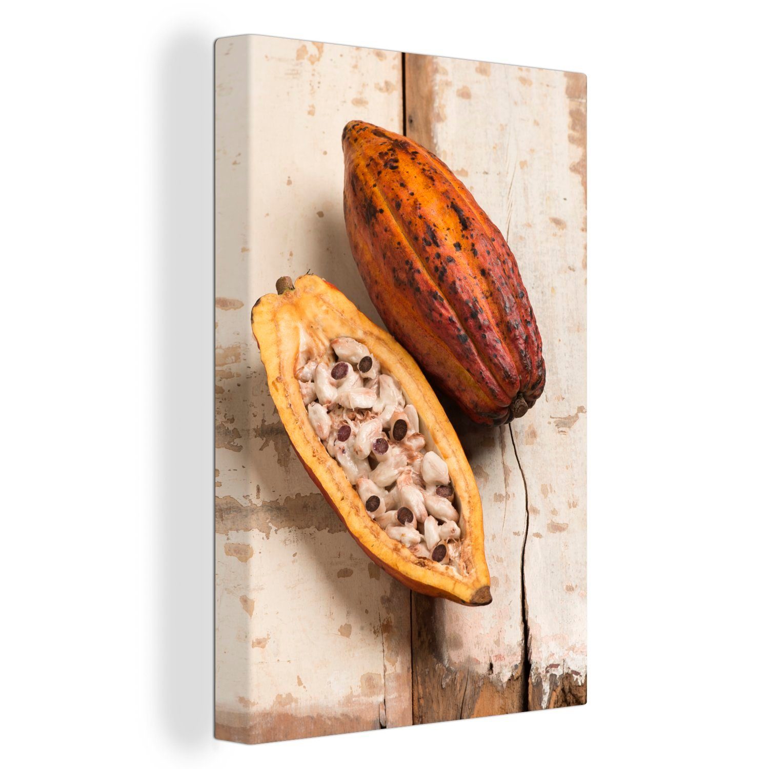 OneMillionCanvasses® Leinwandbild Tropische Kakaobohnen auf einem hölzernen Hintergrund, (1 St), Leinwandbild fertig bespannt inkl. Zackenaufhänger, Gemälde, 20x30 cm