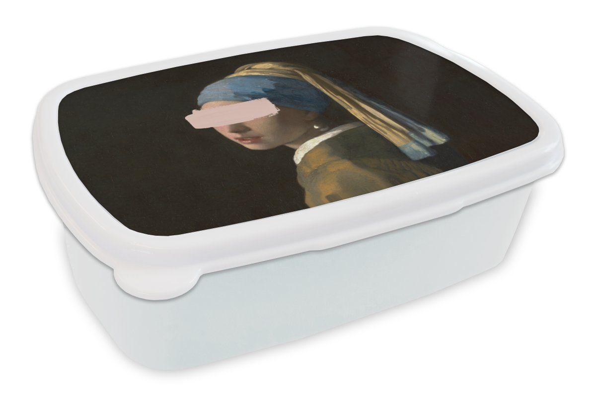 MuchoWow Lunchbox Mädchen mit Perlenohrring - Vermeer - Gemälde, Kunststoff, (2-tlg), Brotbox für Kinder und Erwachsene, Brotdose, für Jungs und Mädchen weiß