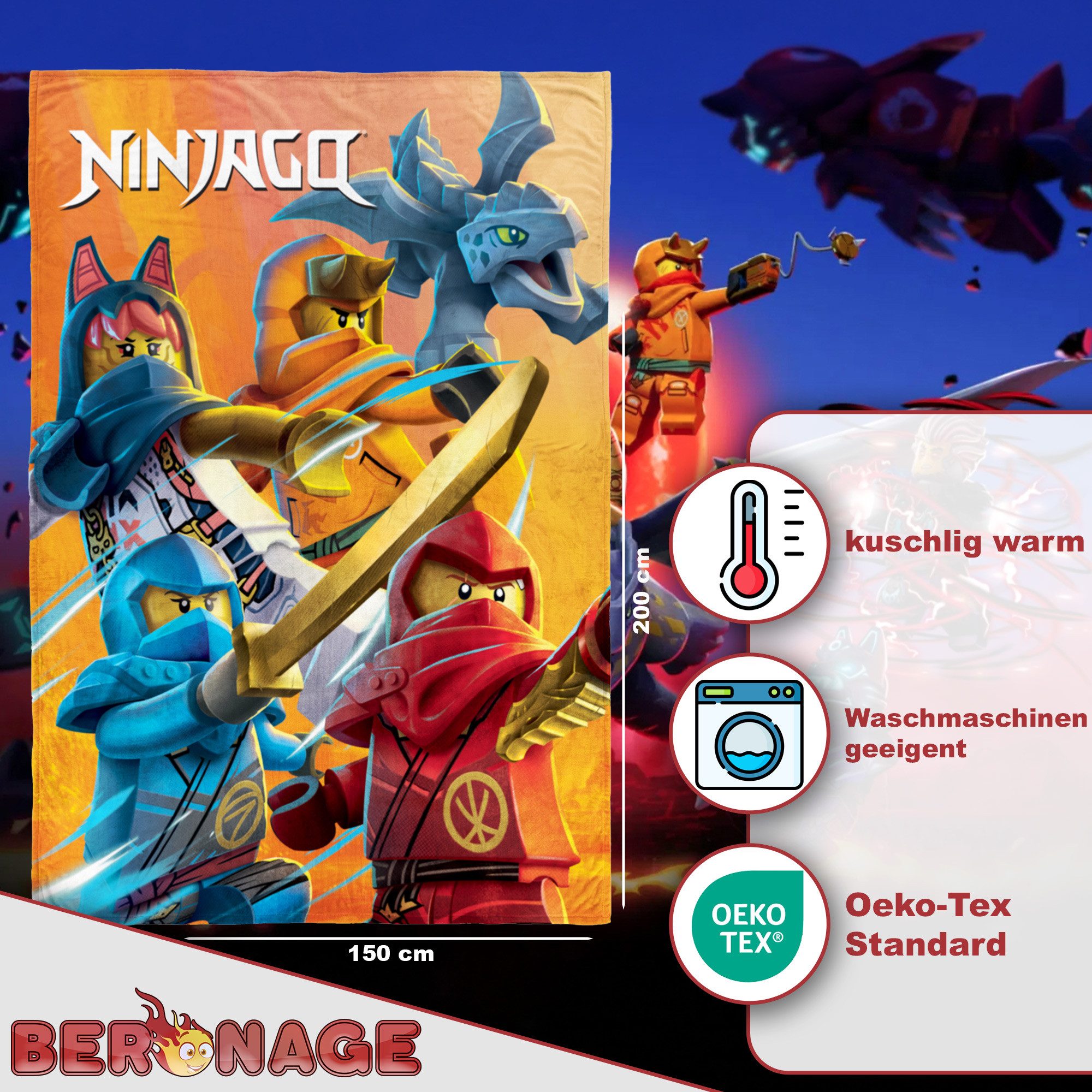 BERONAGE Tagesdecke LEGO Ninjago Kuscheldecke Rise of Shadows 150x200 cm Decke, passend zur Bettwäsche, ideal für Sofa, Couch, Bett, Auto, Camping