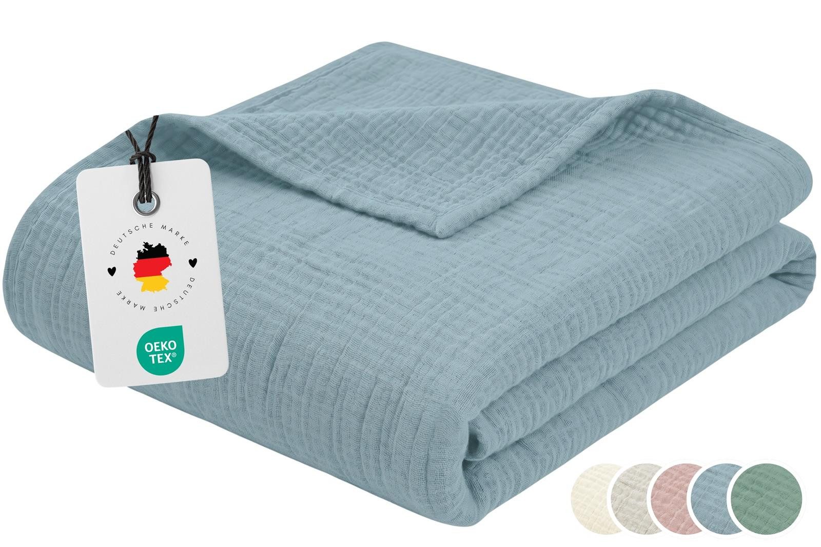 Wohndecke Musselin Decke 150 x 200 100% Baumwolle Kuscheldecke Tagesdecke Plaid, Carpe Sonno, Leichte Musselindecke für Sofa Couch Wohnzimmer Bett - Blau