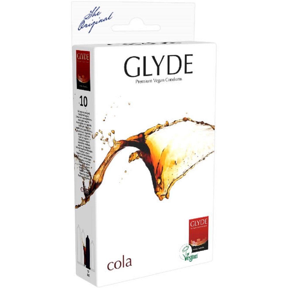 Glyde Kondome Glyde Ultra Cola-Aroma mit & Kondome schwarze Zertifiziert der Packung mit Gefühlsecht mit, Reißfest «Cola» Veganblume, St., 10