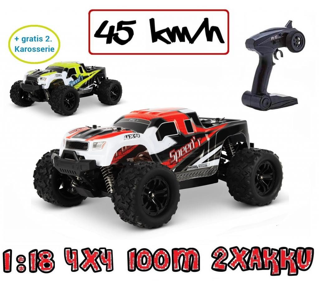 Blij´r RC-Auto Speed´r ferngesteuertes RC Auto 45 km/h, 1:18, 2 Akkus, Monstertruck (Komplettset), Ersatzkarosserie