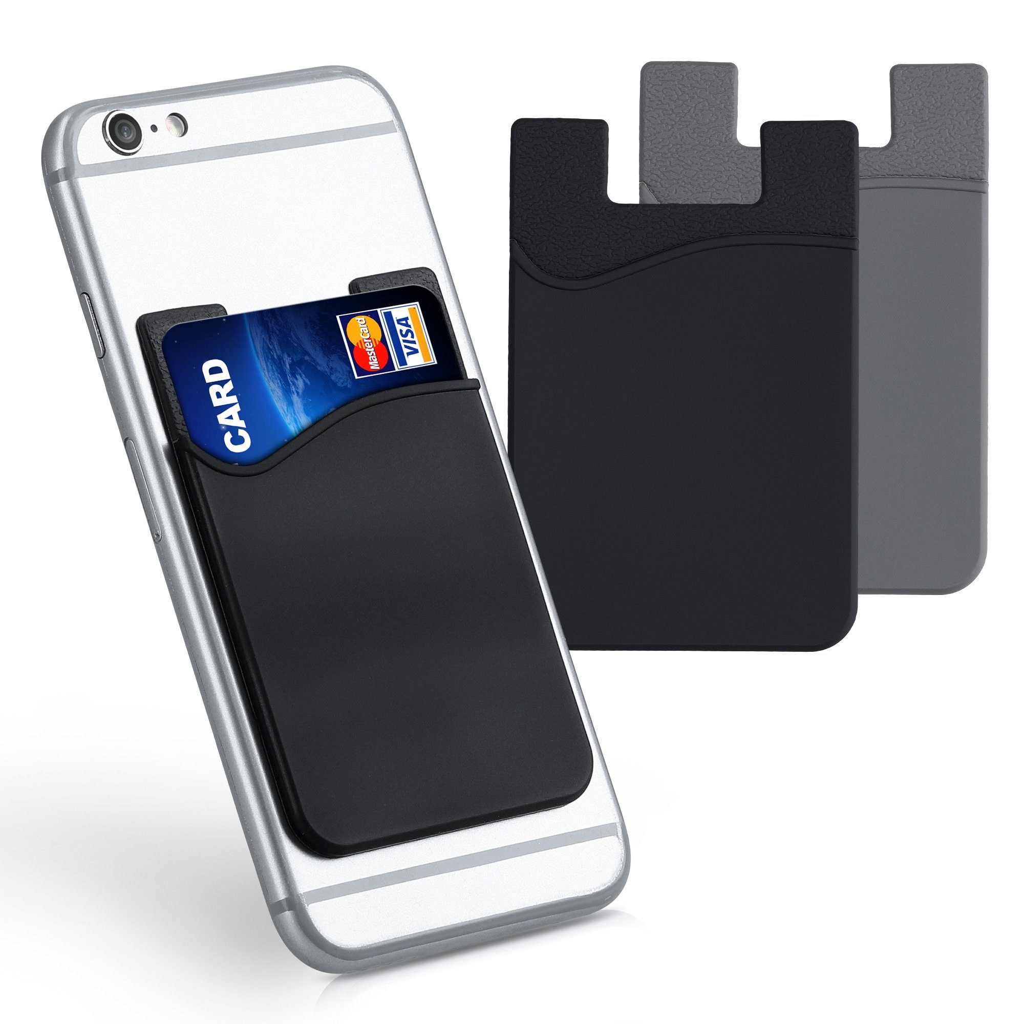 kwmobile Kartenetui 3x Kartenhalter Hülle für Smartphone, selbstklebend - Aufklebbare Silikon Kreditkarten Tasche - 8,5x5,5cm Schwarz