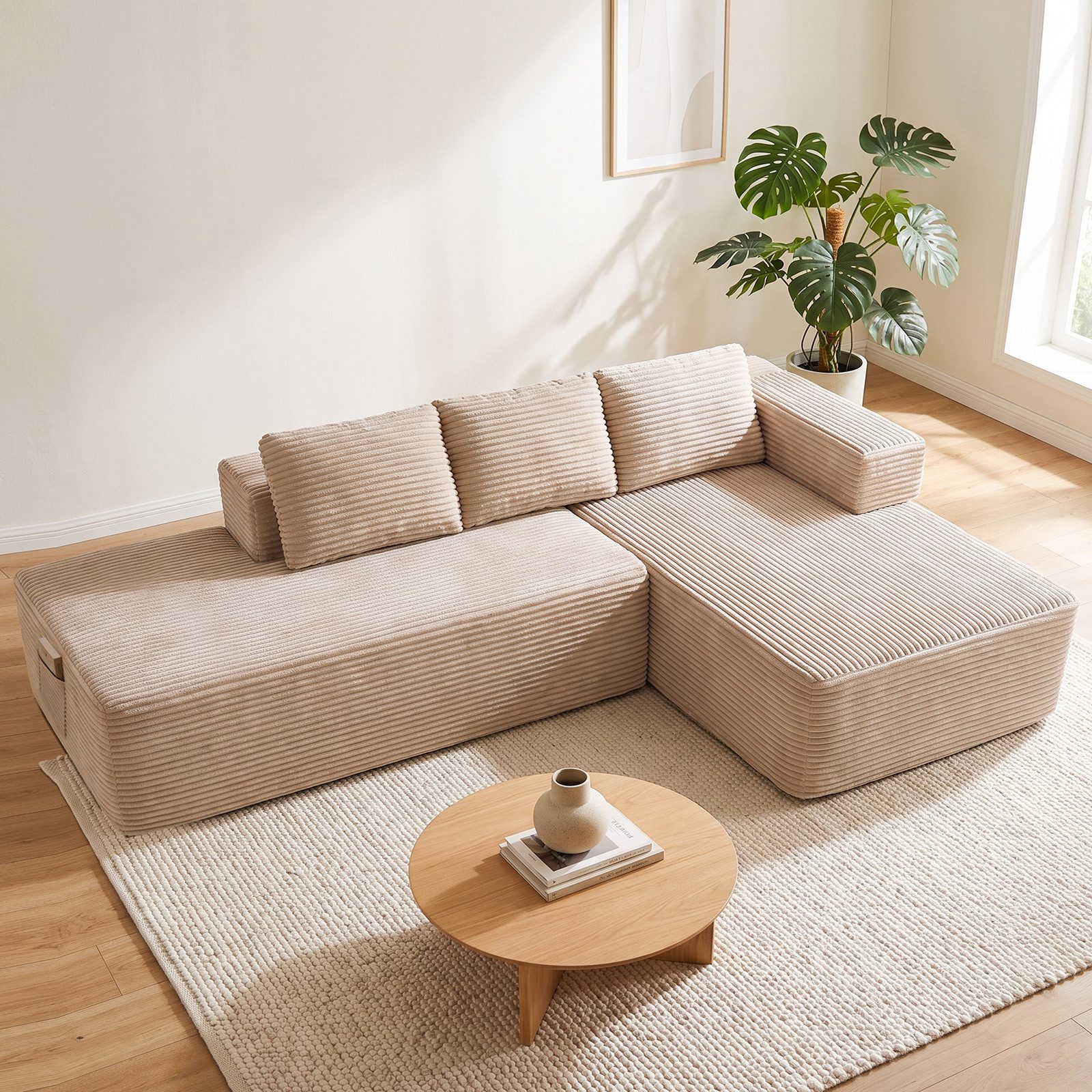 COMHOMA Sofa Ecksofa, Corduroy Modulares Boneless Couch mit Chaiselongue, Metallgestell, L-Form Schlafsofa mit Kissen & Seitentaschen