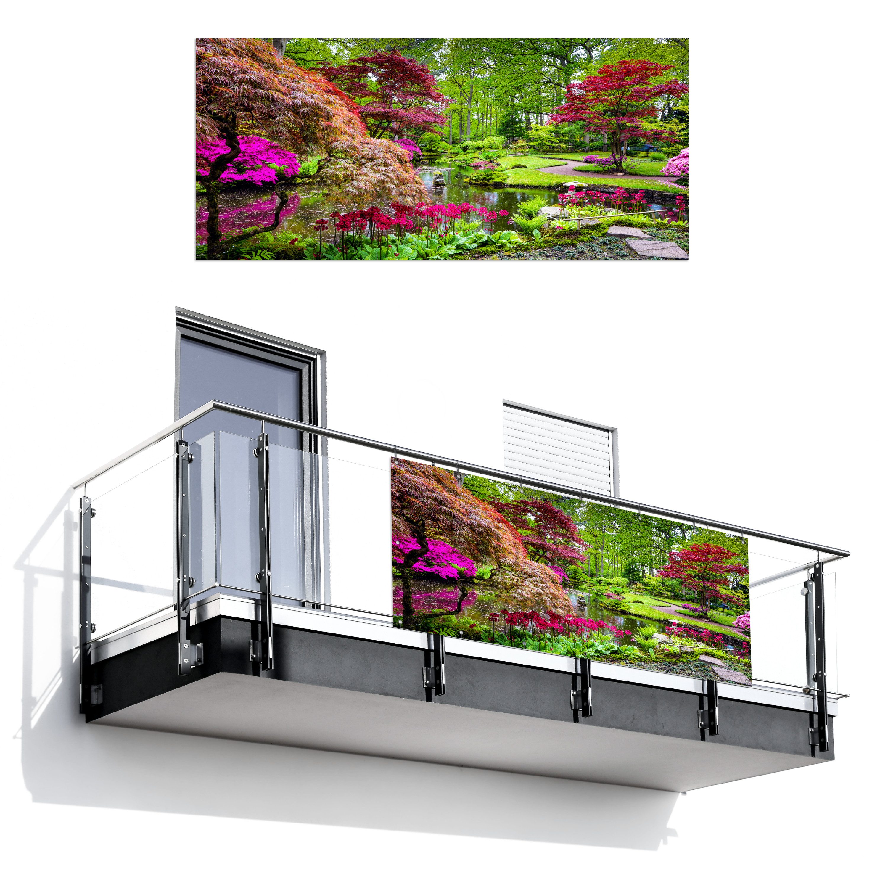 MuchoWow Balkonsichtschutz Bäume - Blumen - Japanisch - Natur - Wasser (1-St) Balkon Sichtschutz 90x200, Windschutz für Zaun PVC, 200x90 cm