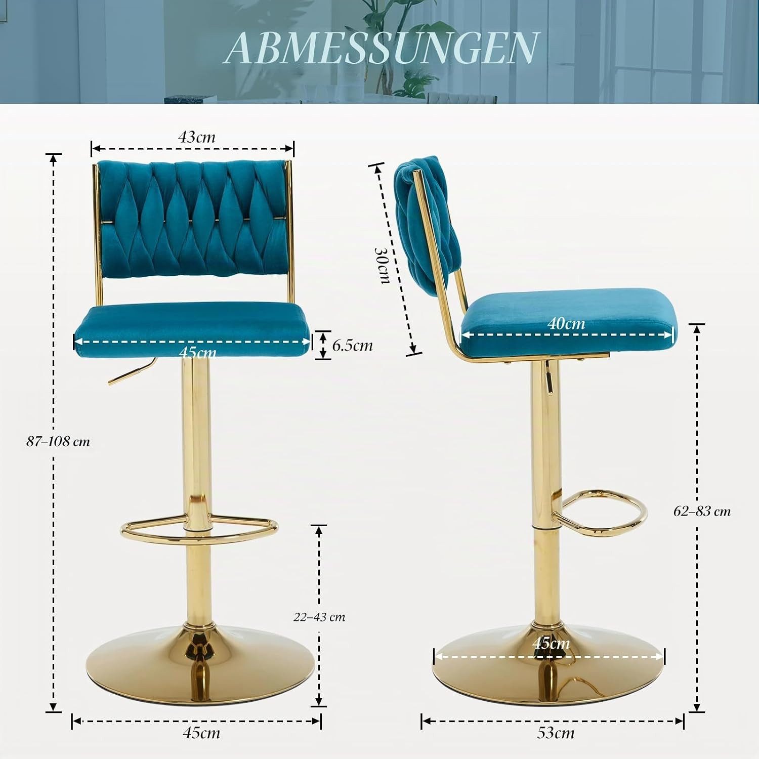 CHAIRUS Barhocker Thekenhocker mit gewebter Rückenlehne und vergoldetem Metallgestell (2 St), Barstühle 2er Set Samt, Drehbar & Höhenverstellbar