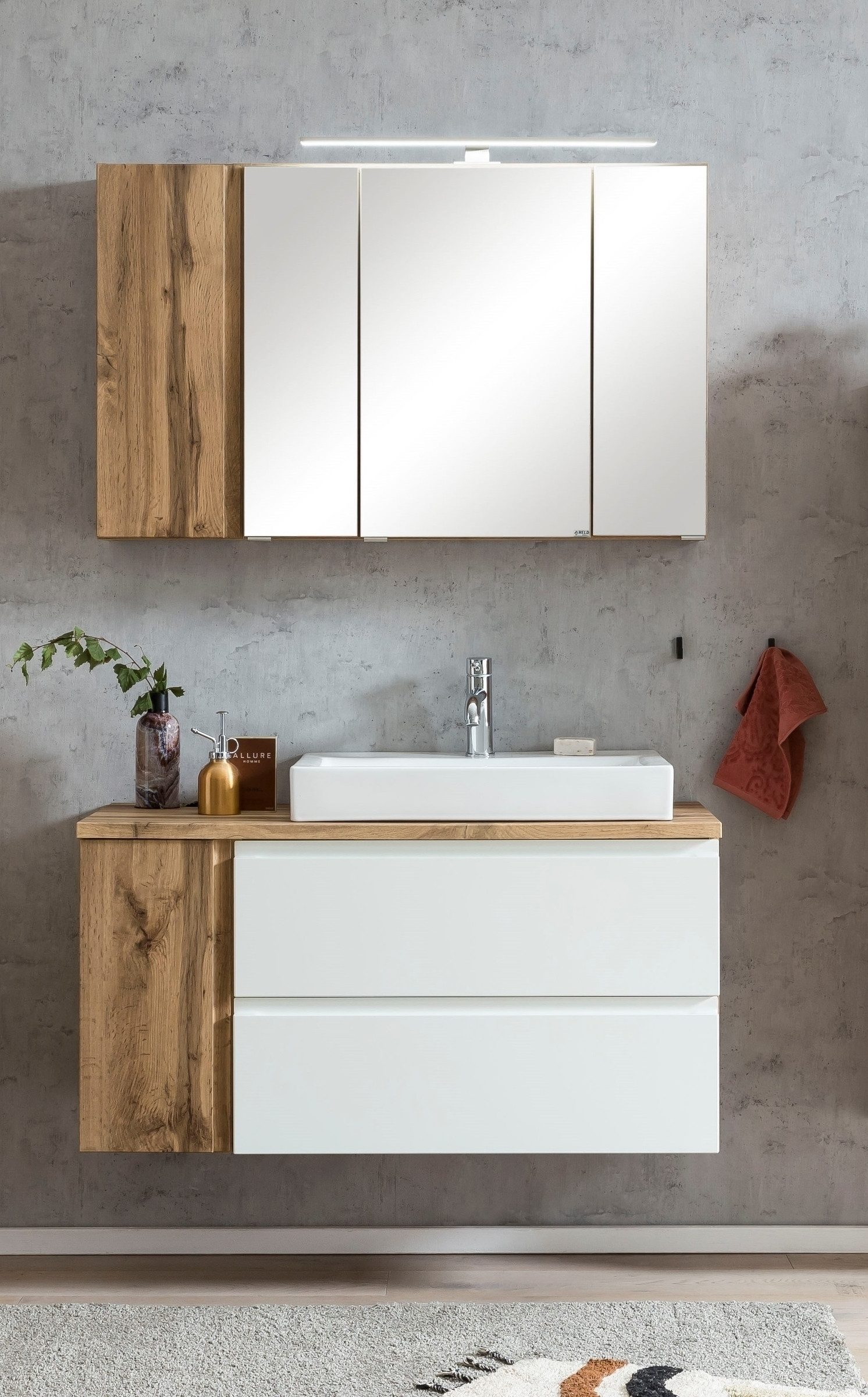 HELD MÖBEL Badmöbel-Set (2-teilig) in weiß / Wotaneiche-Dekor - 105x195x47 (BxHxT), (2-teilig)