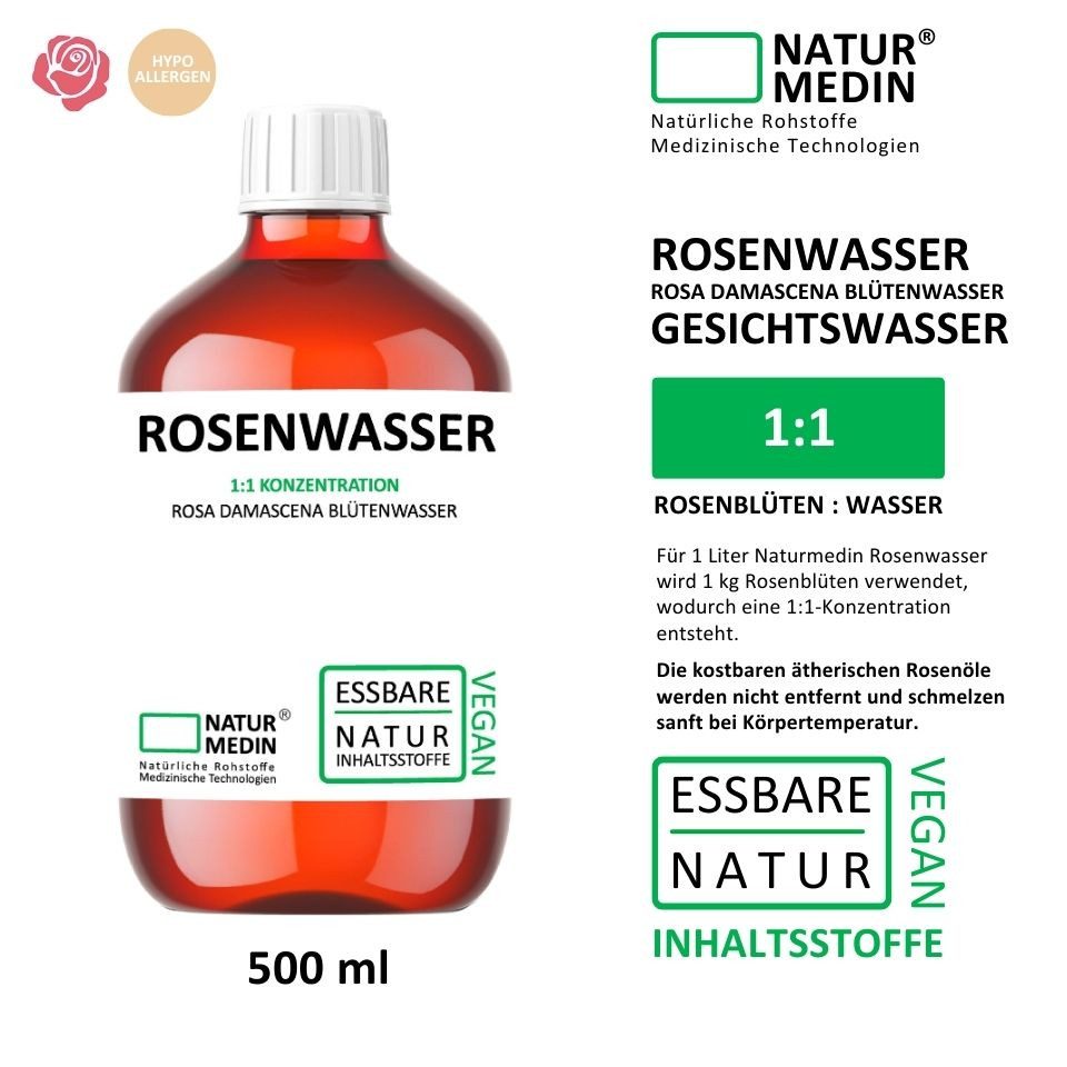 Naturmedin Gesichtswasser Rosenwasser Blütenwasser 100% Natur 1:1 Konzentration Vegan