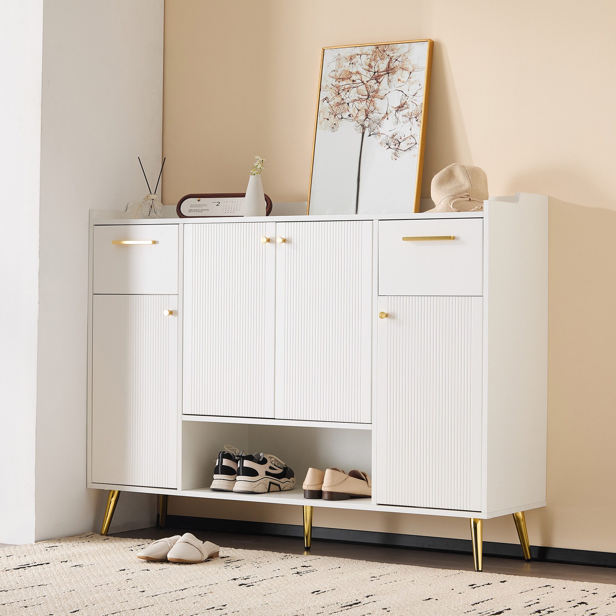 Merax Schuhschrank (H100/B130/T37 cm) Schuhregal mit 2 Schubladen und 4 Türen, Metallfüße, Sideboard