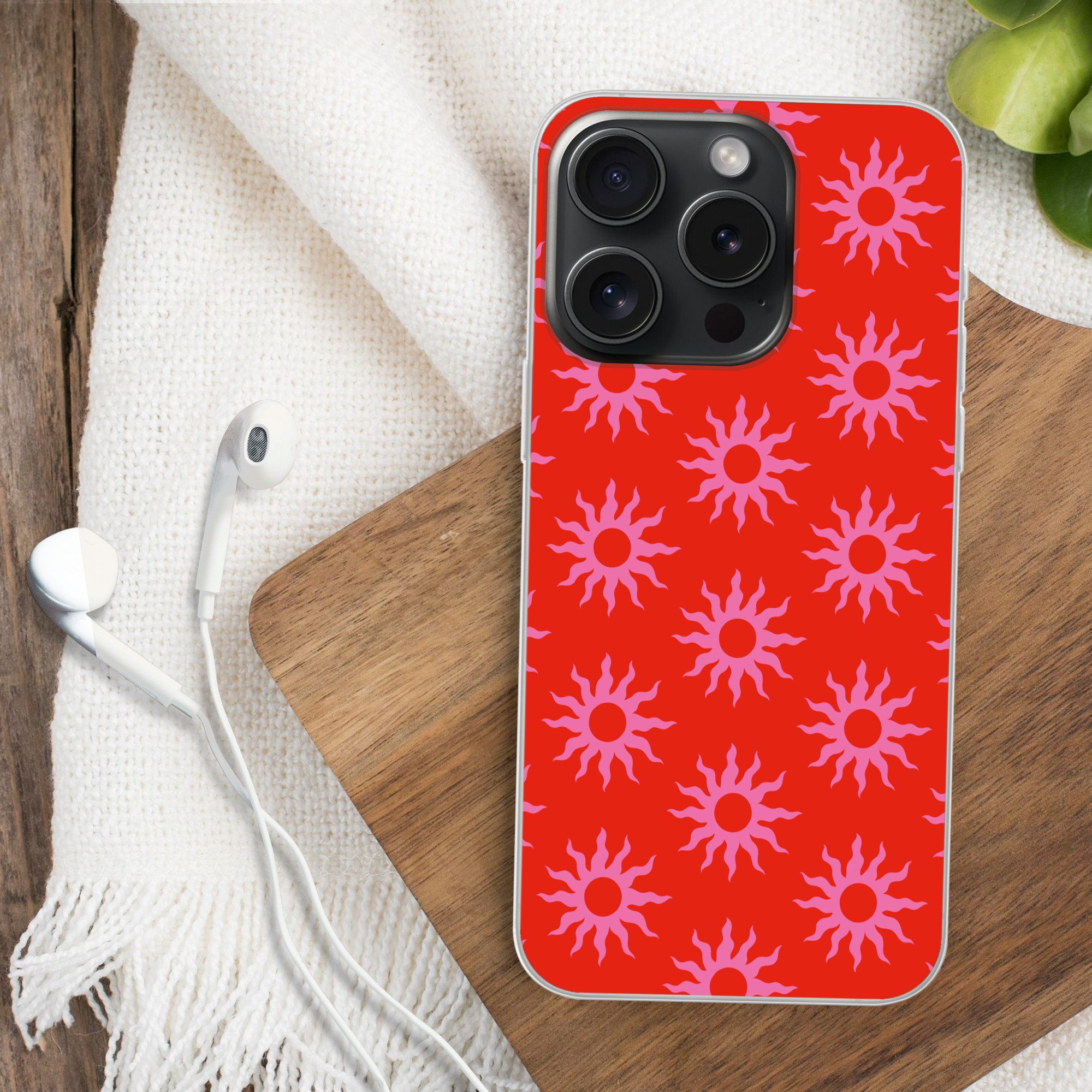MuchoWow Handyhülle für Apple iPhone 15 Pro Sonnen - Rot - Rosa - Muster - Sommer, Smartphone-Bumper, Print, Handy Schutzhülle Dünn