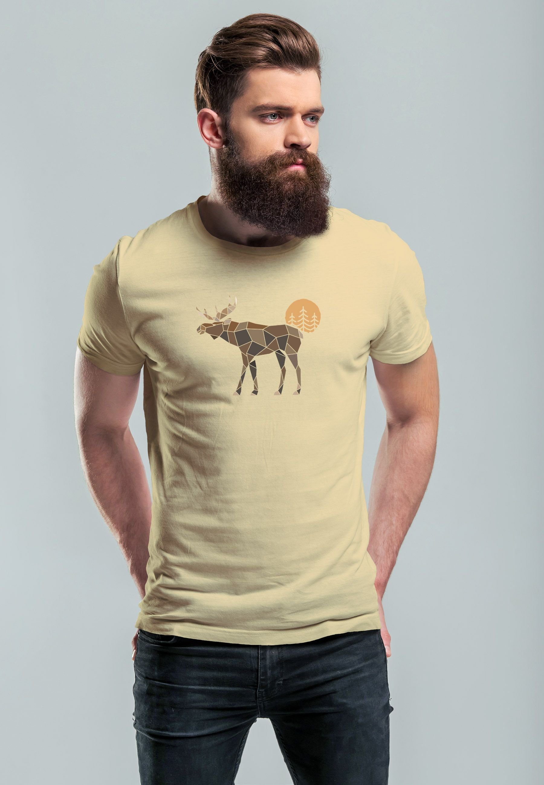 Neverless Print-Shirt Herren T-Shirt Shirt Printshirt Polygon mit Outdoor Moti mit Elch Aufdruck natur Print