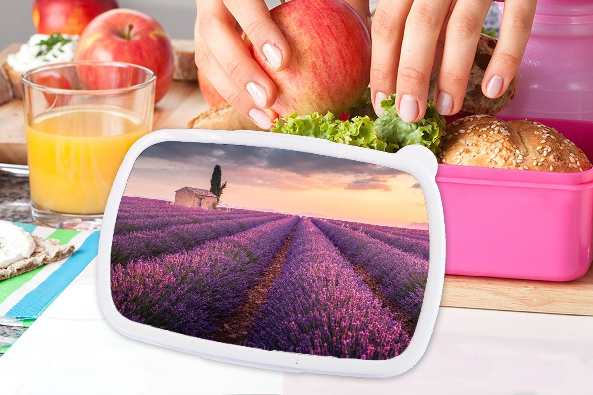 MuchoWow rosa Lunchbox Kunststoff - - Brotbox Lavendel Lila (2-tlg), Feld, - Erwachsene, Kunststoff, Kinder, Brotdose Blumen Mädchen, Snackbox, für