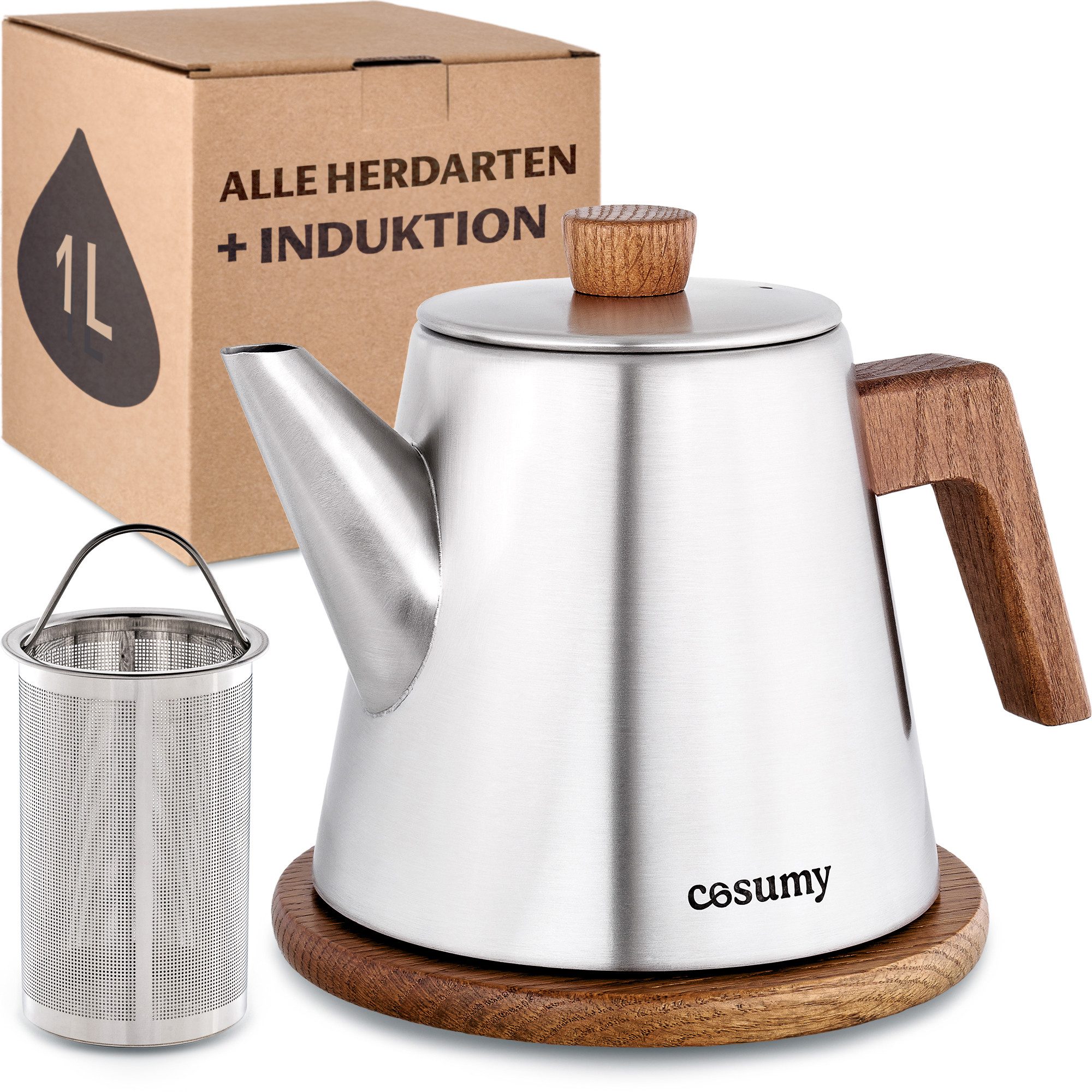 Cosumy Teekanne mit Siebeinsatz und Untersetzer - Edelstahl & FSC Holz - Induktion, 1,2 l, (Set, 1-St., Teekanne mit Siebeinsatz und Untersetzer), Kanne mit Sieb für Tee - Induktion - Tropffrei - Hält lange warm
