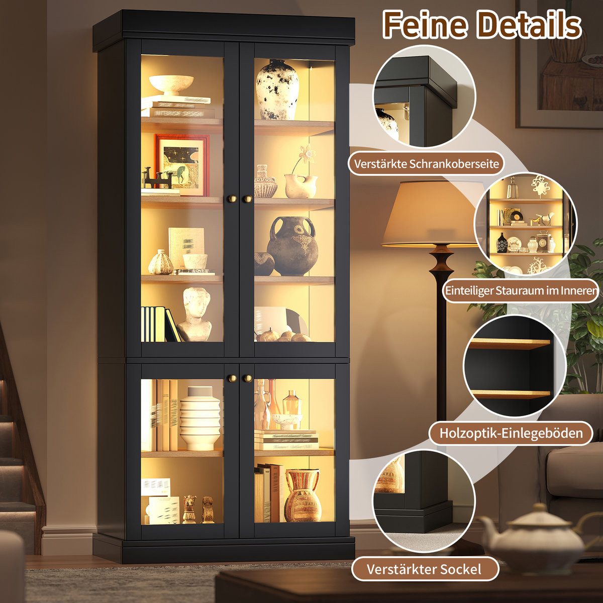 Odikalo Vitrine Vitrineschrank Glasvitrine mit LED (durchdachter Innenaufteilung und Kippschutz, stabil, sicher und vielseitig für Zuhause) 80×40×180cm – Bild 3 von 5