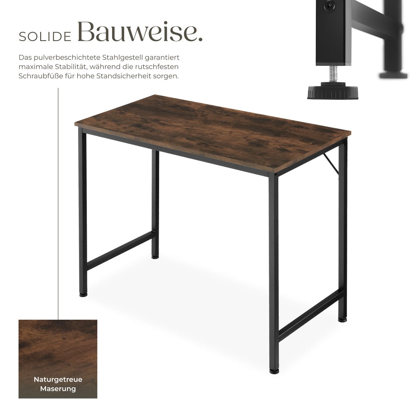 tectake Schreibtisch Bürotisch aus Holz und Stahl, Höhe 75,5 cm (Arbeitstisch Jenkins, 1-St., in Industrial Holz dunkel, rustikal), große Beinfreiheit, mit höhe – Bild 3 von 5