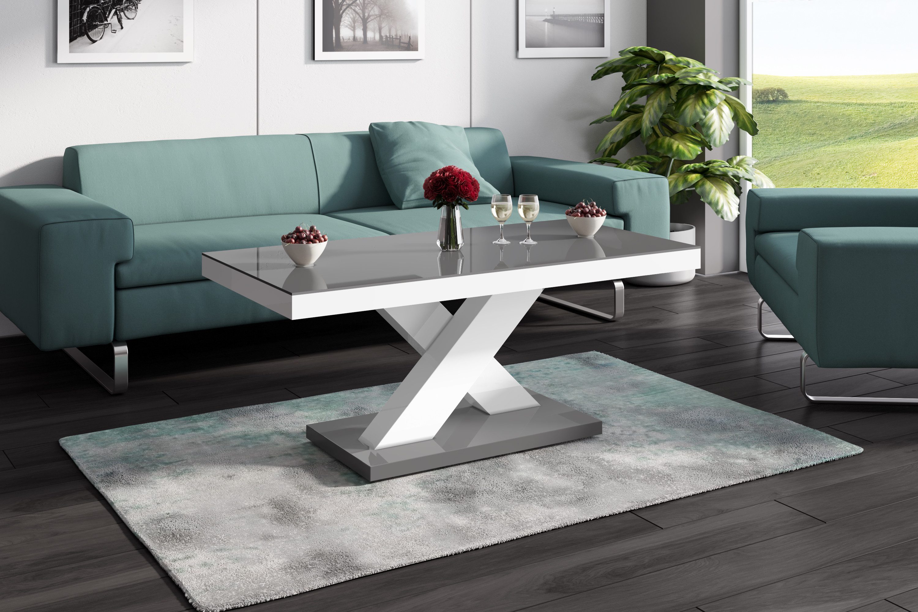 designimpex Couchtisch Design H-888 Grau / Weiß Hochglanz Highgloss Tisch Wohnzimmertisch