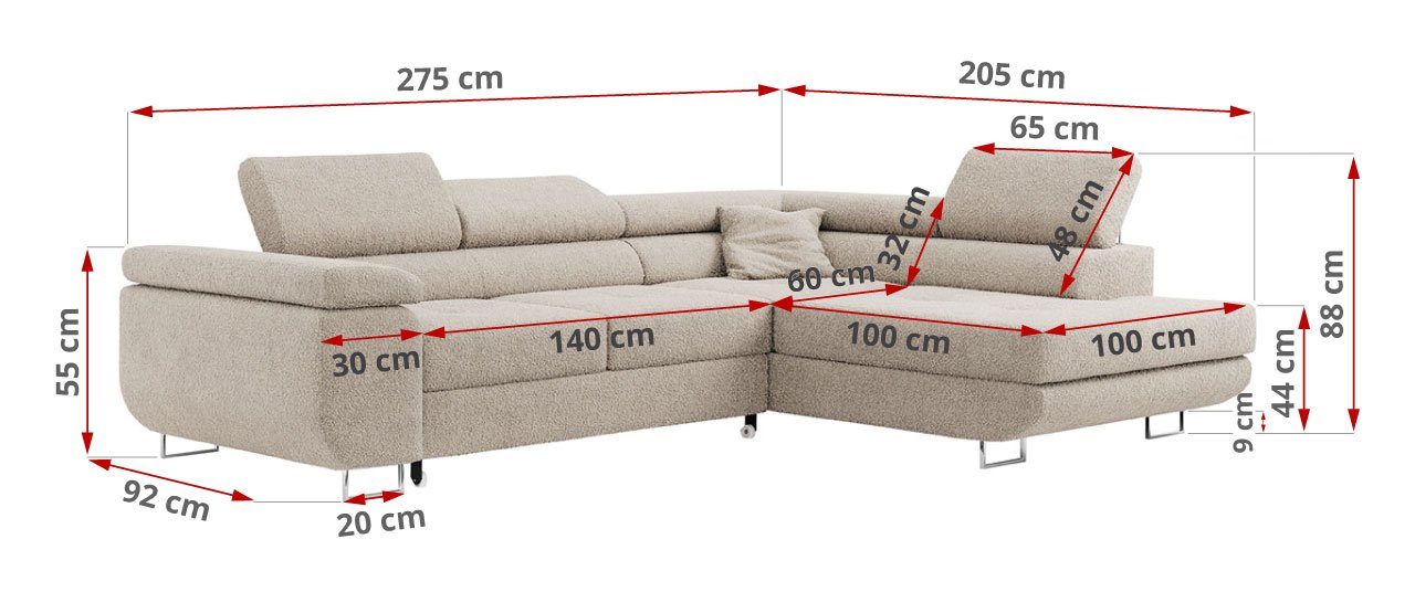 Bettkasten, Wohnlandschaft GUSTAW-L, Ecksofa mit Creme MKS Abriamo Schlaffunktion L-Form, MÖBEL und