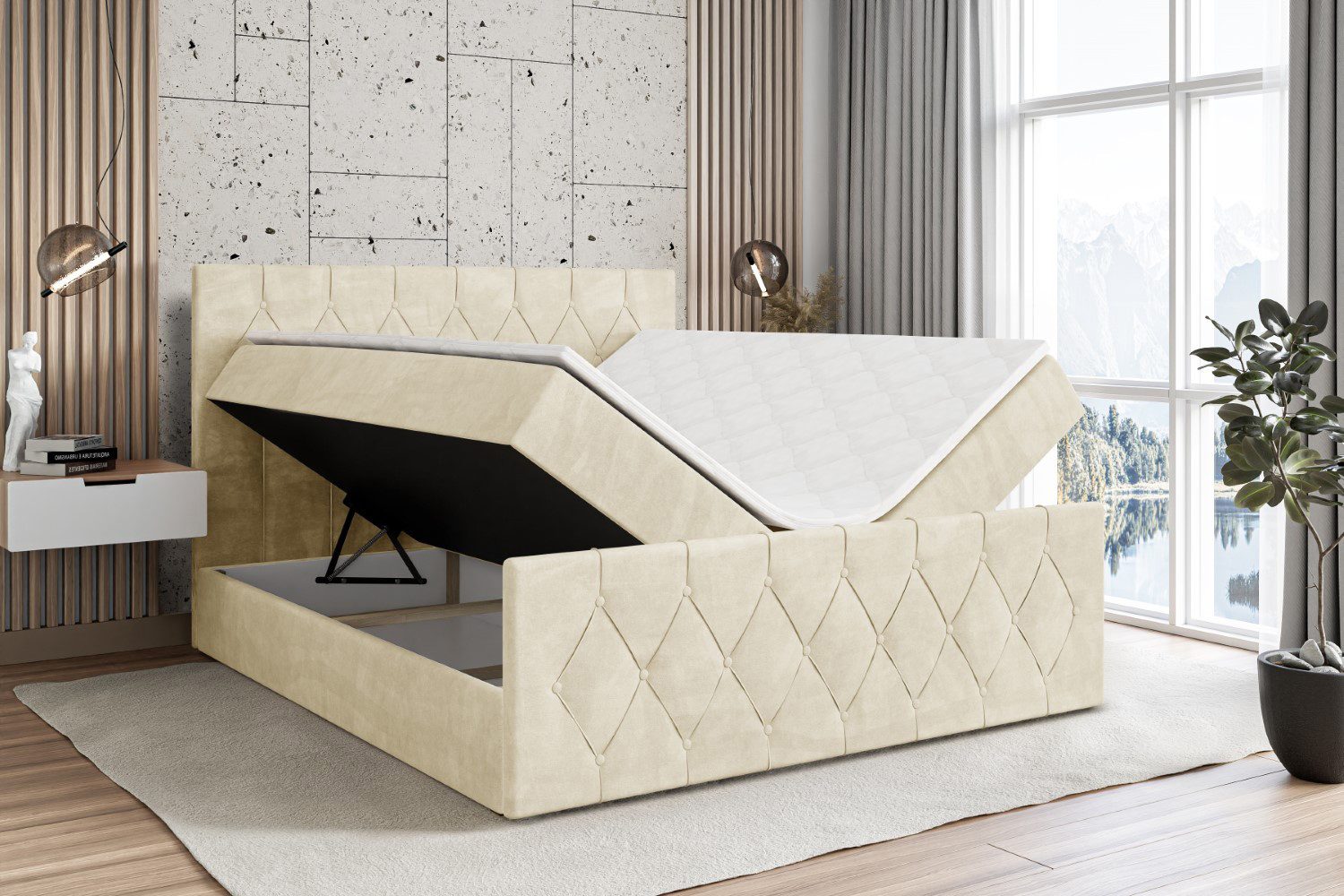 ALTDECOR Boxbett VELANTO (mit Matratze Lattenrost Topper Polsterbett mit Bettkasten Doppelbett), H4 Multipocket / H3 Bonellfederung, Springboxbett Boxspringbett