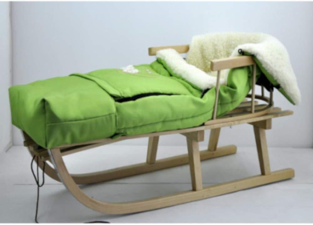 GOLDKIDS Rodel Holzschlitten Kinderschlitten aus Buchenholz (Rückenlehne inkl. Zugseil + Winterfußsack, Schlittensack Fußsack mit), Reißverschluss 40/110 cm Schlitten Metallkufen