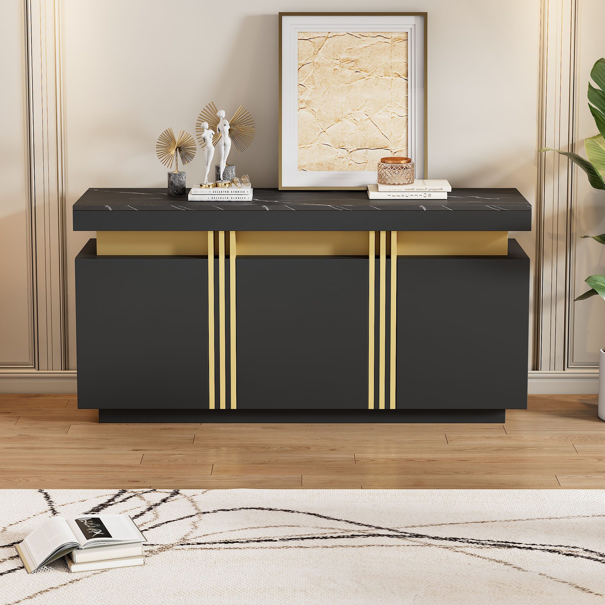 MODFU Sideboard mit Marmorstruktur (Wohnzimmerschrank, Küchenmöbel, Kommode, Anrichte, 1 St., 3 Türen), mit verstellbaren Trennwänden