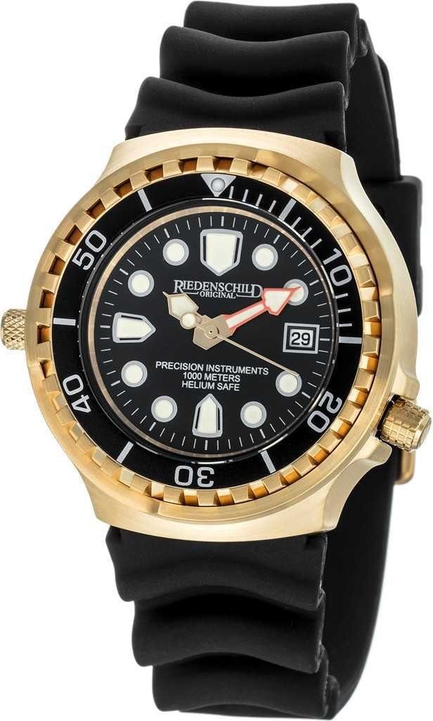Riedenschild Taucheruhr RS9000-11, IP-Vergoldet, 100 ATM Wasserdicht, 46 mm Gehäuse, Schwarzes Silikonband, Heliumventil, Profi-Taucheruhr für Herren