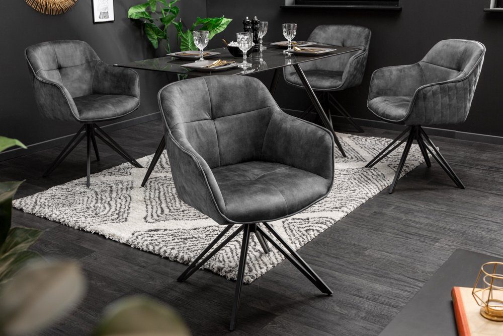 riess-ambiente Polsterstuhl EUPHORIA dunkelgrau/schwarz – Samt, drehbar, Metall-Füße, mit Armlehne (Einzelartikel, 1 St), mit 180° Drehfunktion und Autoreturn – ideal für elegante Esszimmer