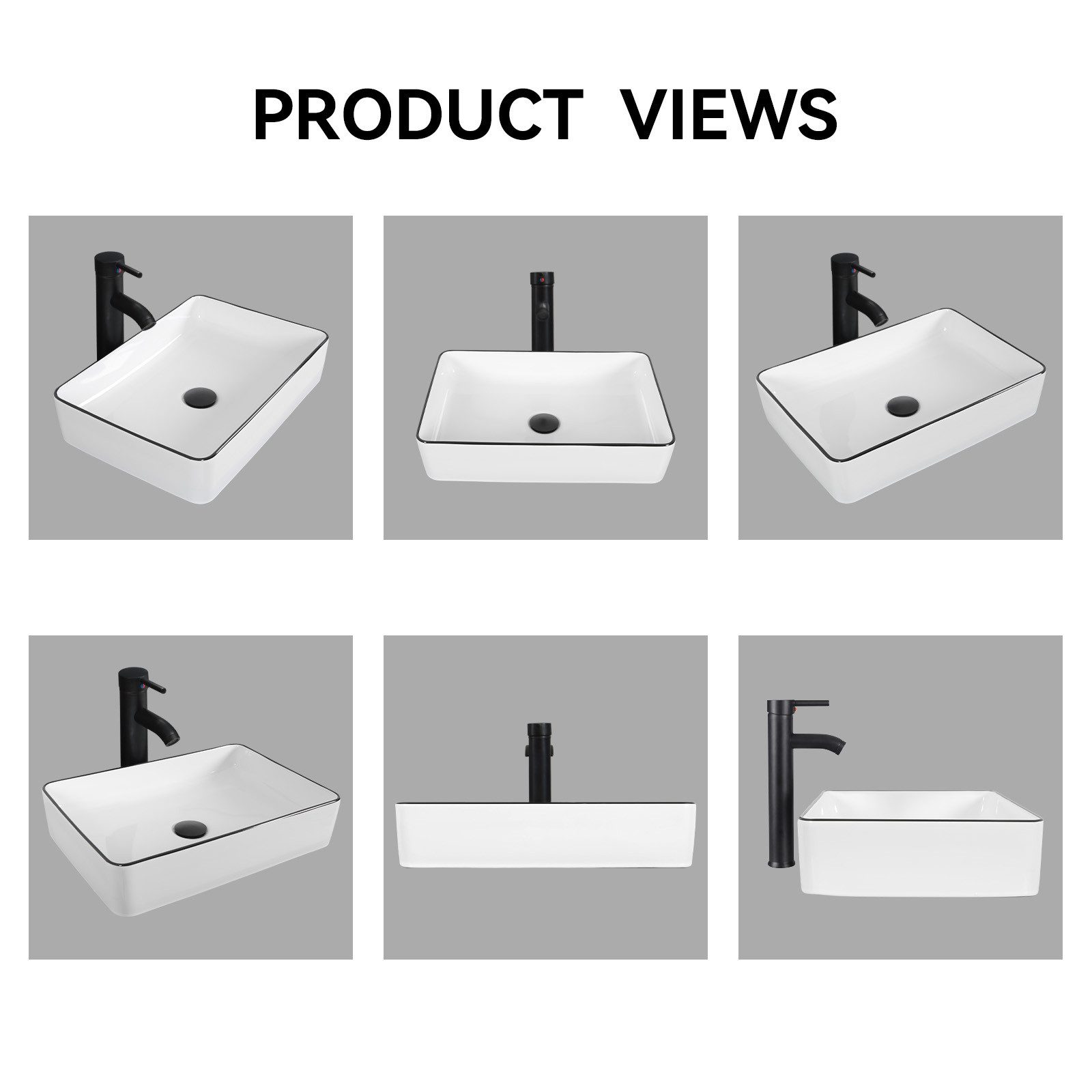 Puluomis Aufsatzwaschbecken Waschbecken Set mit Wasserhahn und Ablaufgarnitur Rechteckig Keramik, Weiß/ Schwarz