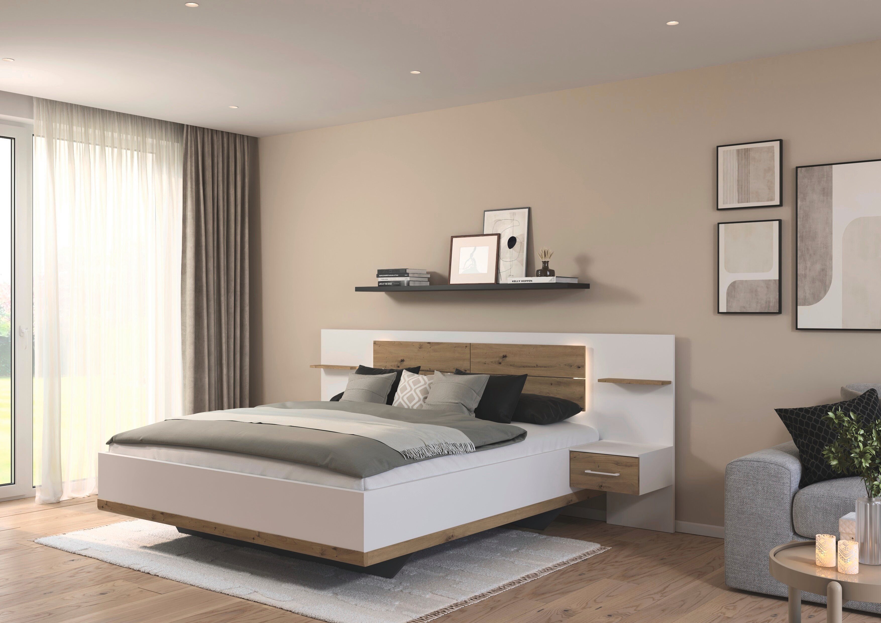 rauch Bettanlage Bett Doppelbett Komfortbett Funktionsbett BOSTON-EXTRA, (Set, 3-tlg., Liegeflächen 160 cm oder 180 cm), Mit warmer Kopfteil-Beleuchtung, 2x Hänge-Nachttische MADE IN GERMANY