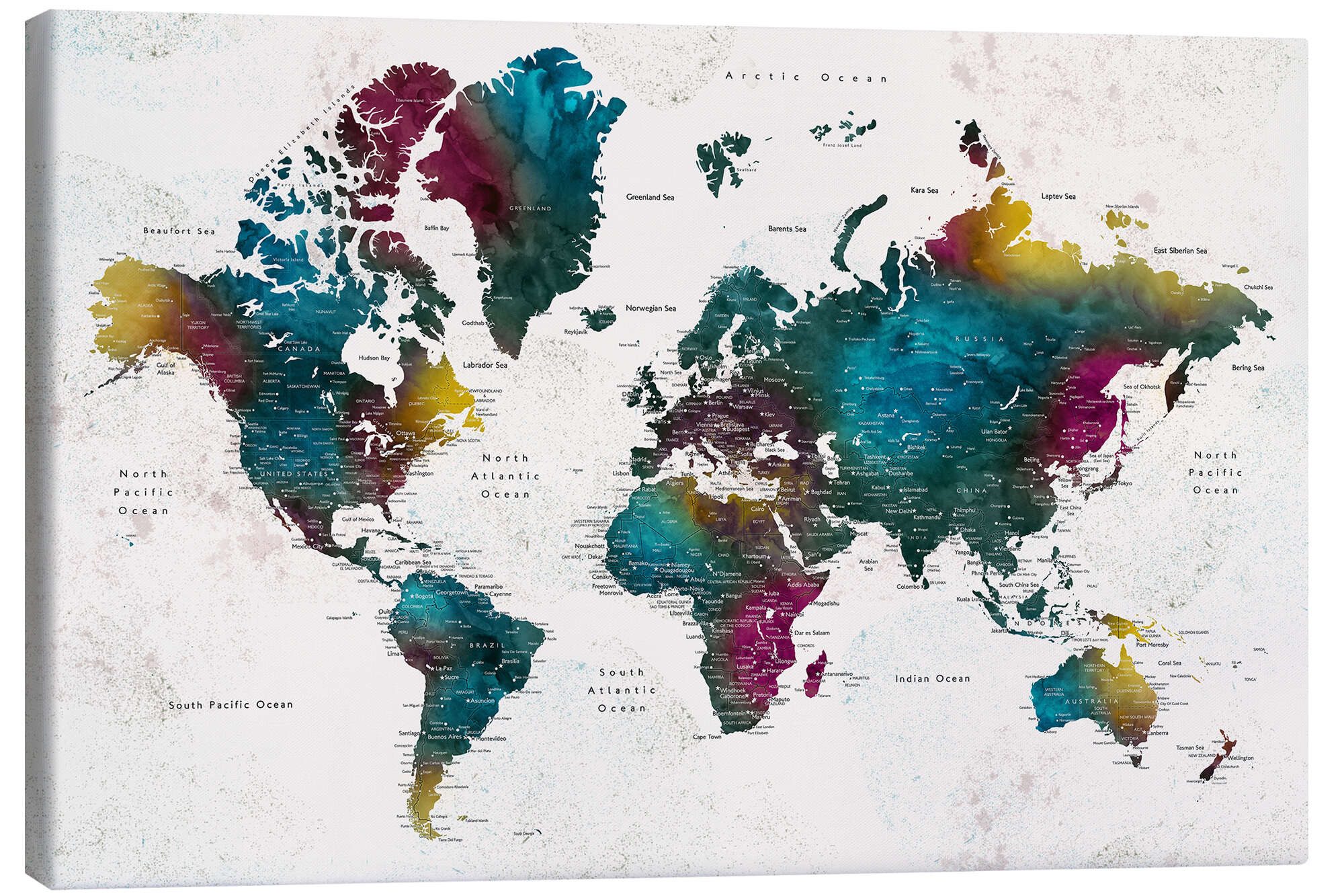 Wandbild Weltkarte mit Städten (englisch)