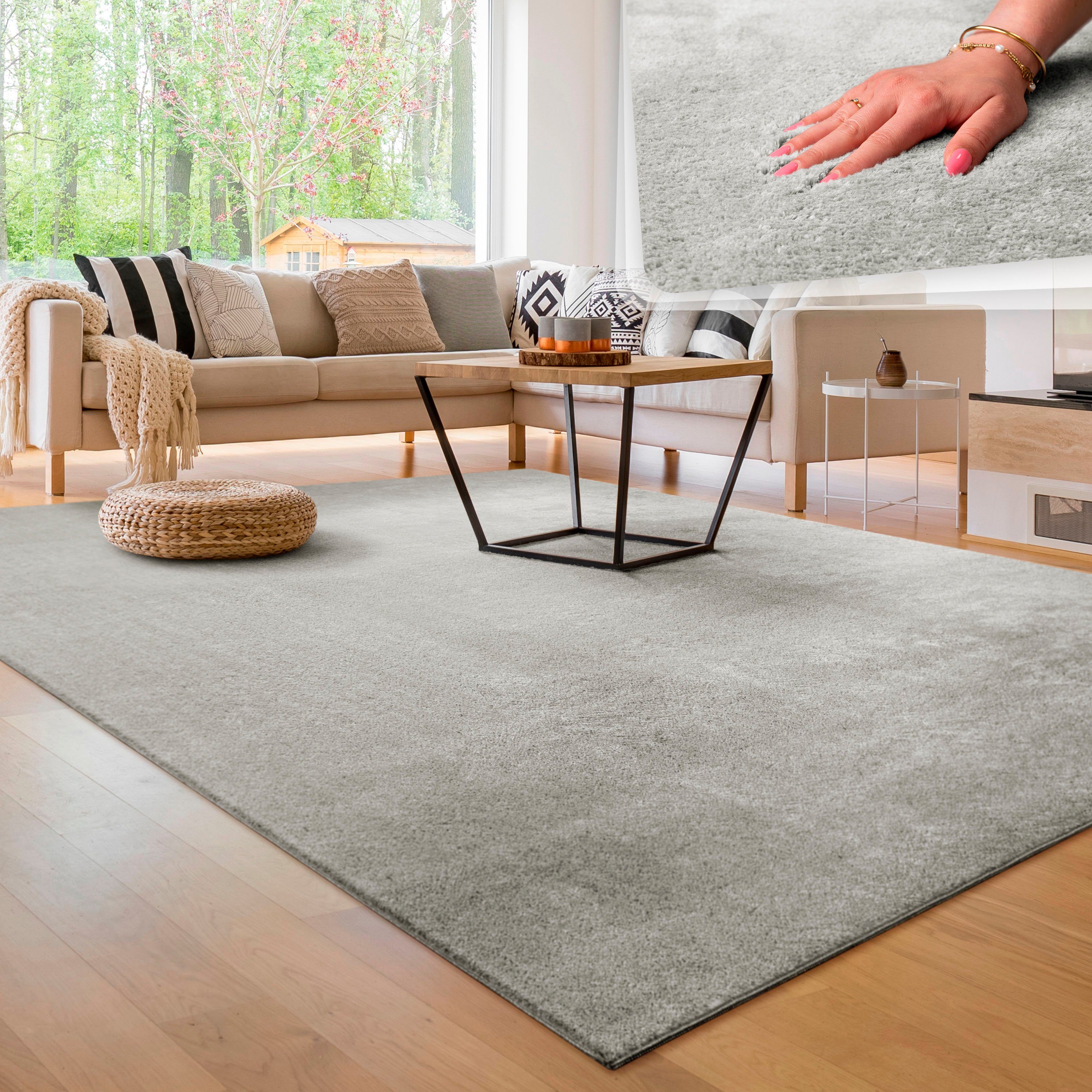 Teppich Cadiz 630, Paco Home, rechteckig, Höhe: 22 mm, Uni-Farben, besonders weich, waschbar, auch als Läufer erhältlich silberfarben | Kurzflor-Teppiche