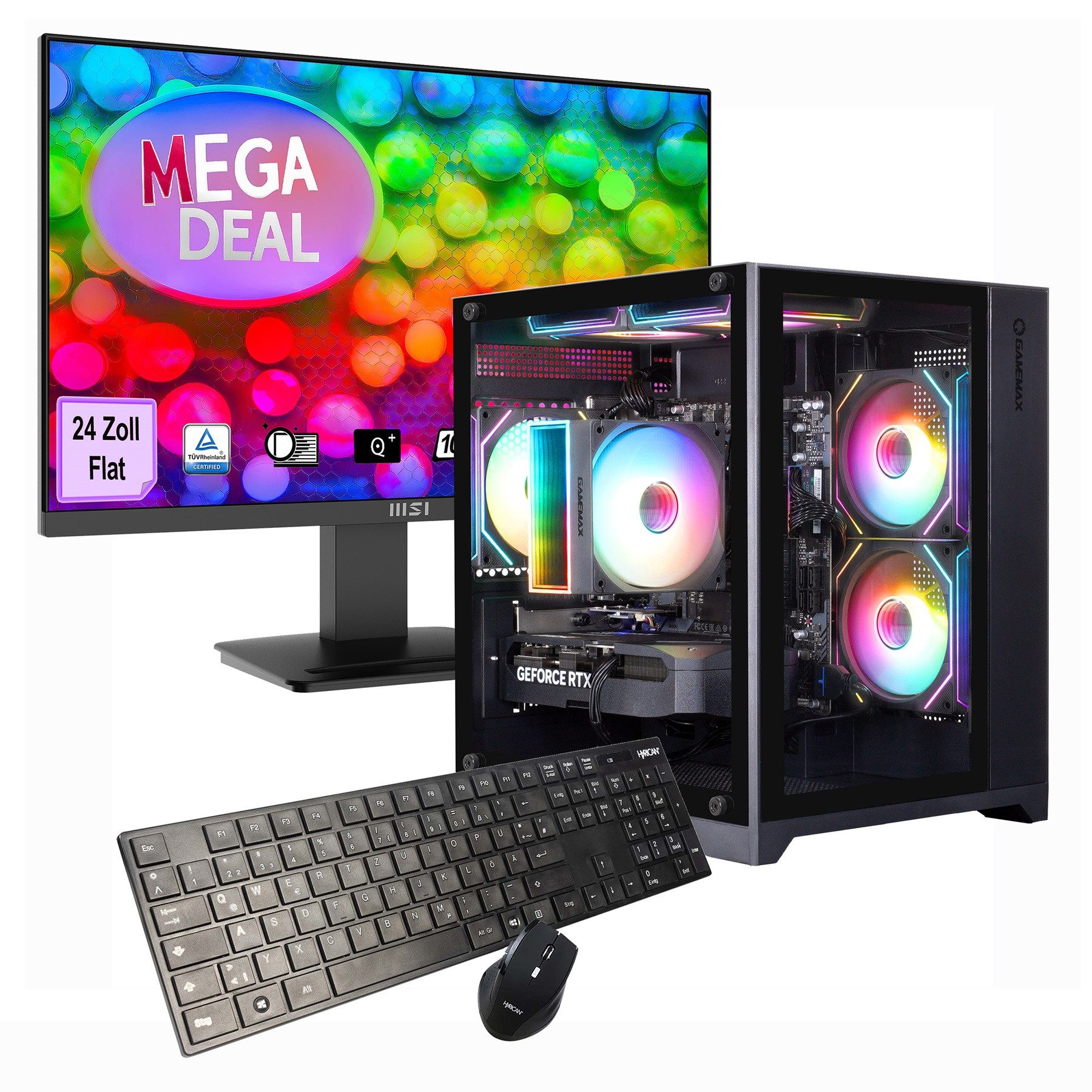 GAMEMAX MegaDeal Infinity Mini BK 2614 Ryzen 5 5500 RTX 5050 32GB DDR4 1TB SSD PC-Komplettsystem (24", AMD Ryzen 5 5500, RTX 5050, 32 GB RAM, 1000 GB SSD, Windows 11 + MSI PRO MP2412DE Monitor 60cm (24)