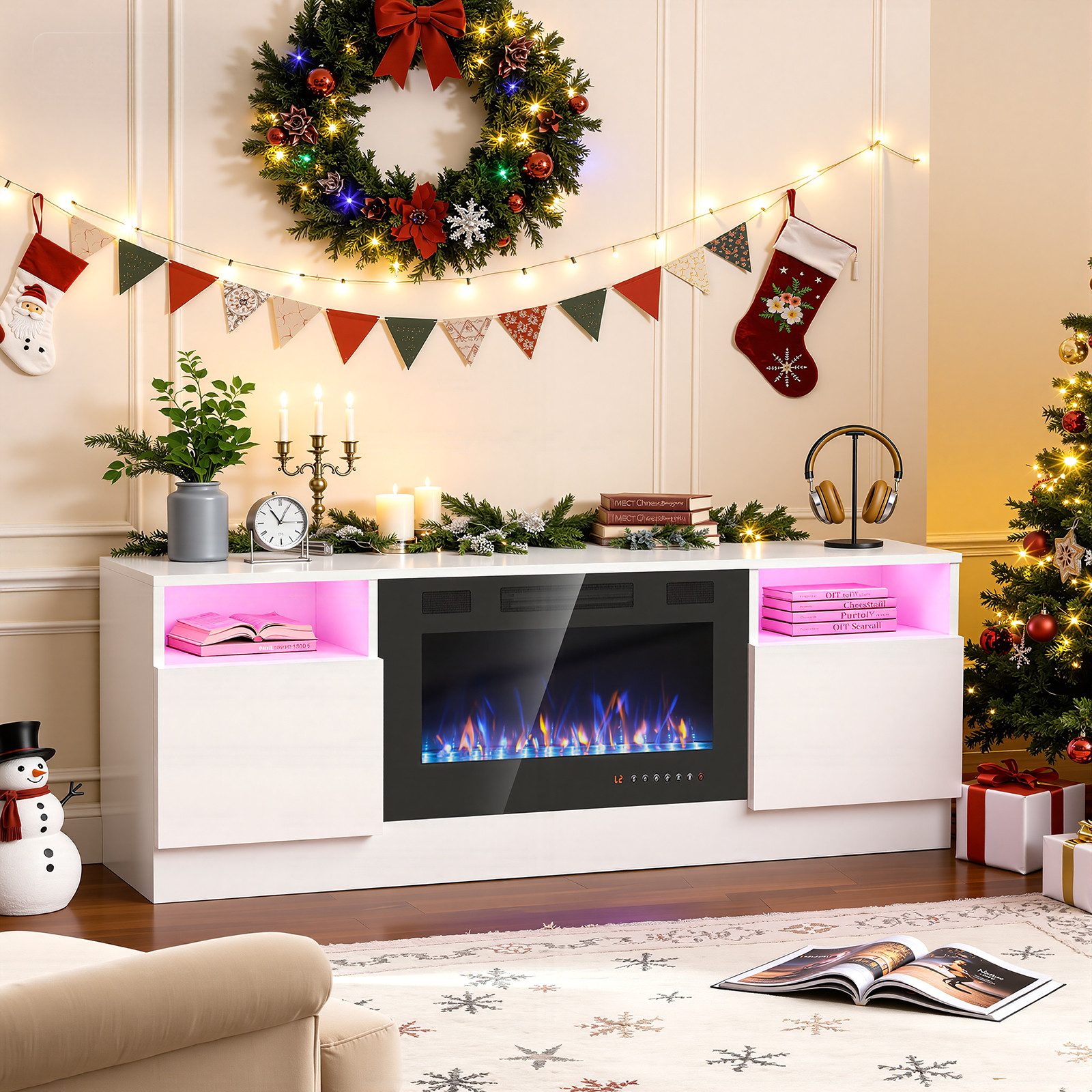 oyajia Elektrokamin Elektrischer Kamin mit TV-Schrank, Heizung, 3D-Flammeneffekt, mit Lagerung, LED-Ambientelicht, Timer, Thermostat, Fernbedienung Weiß