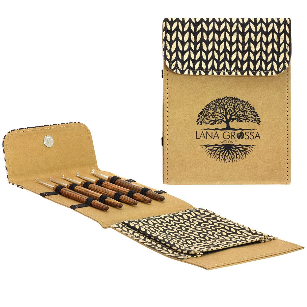 LANA GROSSA Häkelnadeln Häkelnadelset Naturale 5 Nadeln Holzgriff Etui, Häkelnadel-Set mit 5 Nadeln & Etui
