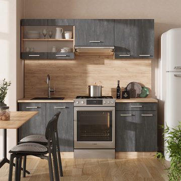 Livinity® Küchenzeile R-Line, Schwarz Beton/Goldkraft Eiche, 200 cm AP Eiche