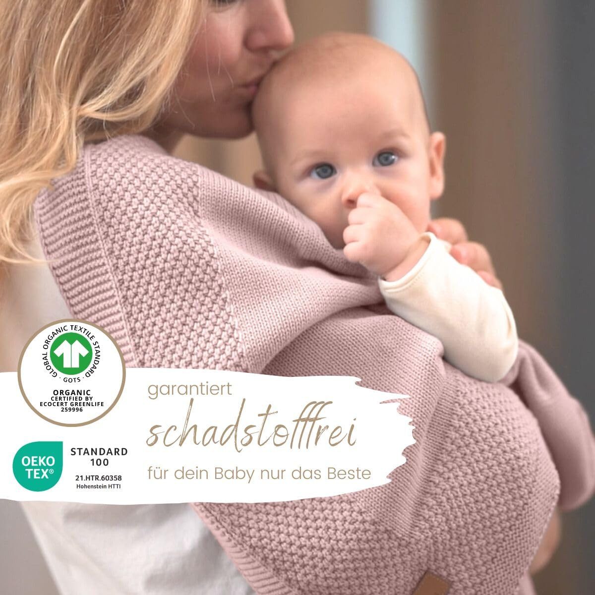 Babydecke DIKOS® Kuscheldecke Bordüre *100%* Bio Baumwolle, Geschenk zur Geburt, DIKOS, Strickdecke 75×100, Baby Erstausstattung Neugeborene, Babygeschenk
