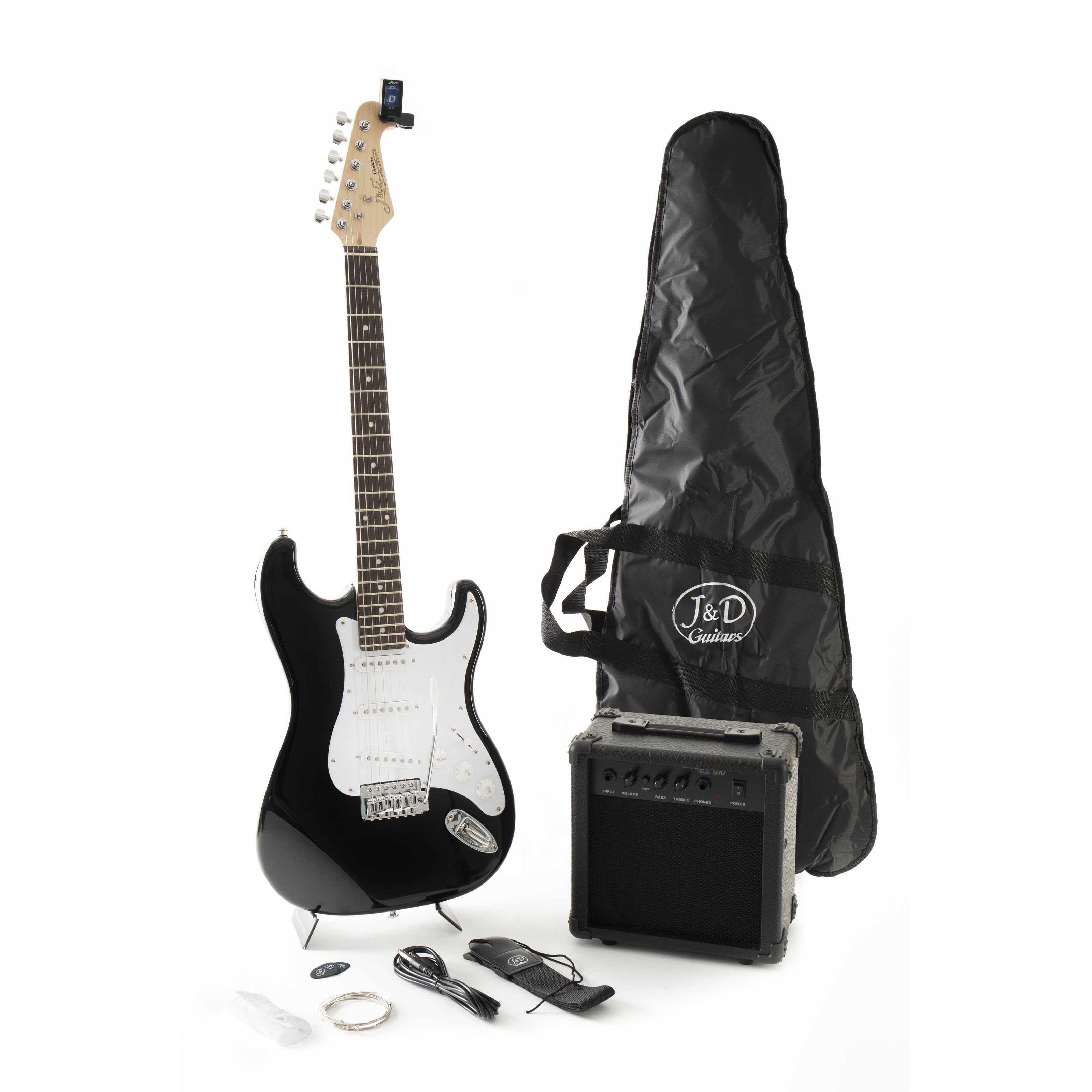 J & D E-Gitarre, ST Rock Guitar Einsteiger Set mit schwarzer ST-Stil E-Gitarre Verstärker Stimmgerät Gigbag Kabel Gurt Plektren Saiten, E-Gitarren, E-Gitarren-Sets, Rock Guitar Einsteiger Set, ST-Stil E-Gitarre, E-Gitarren Set