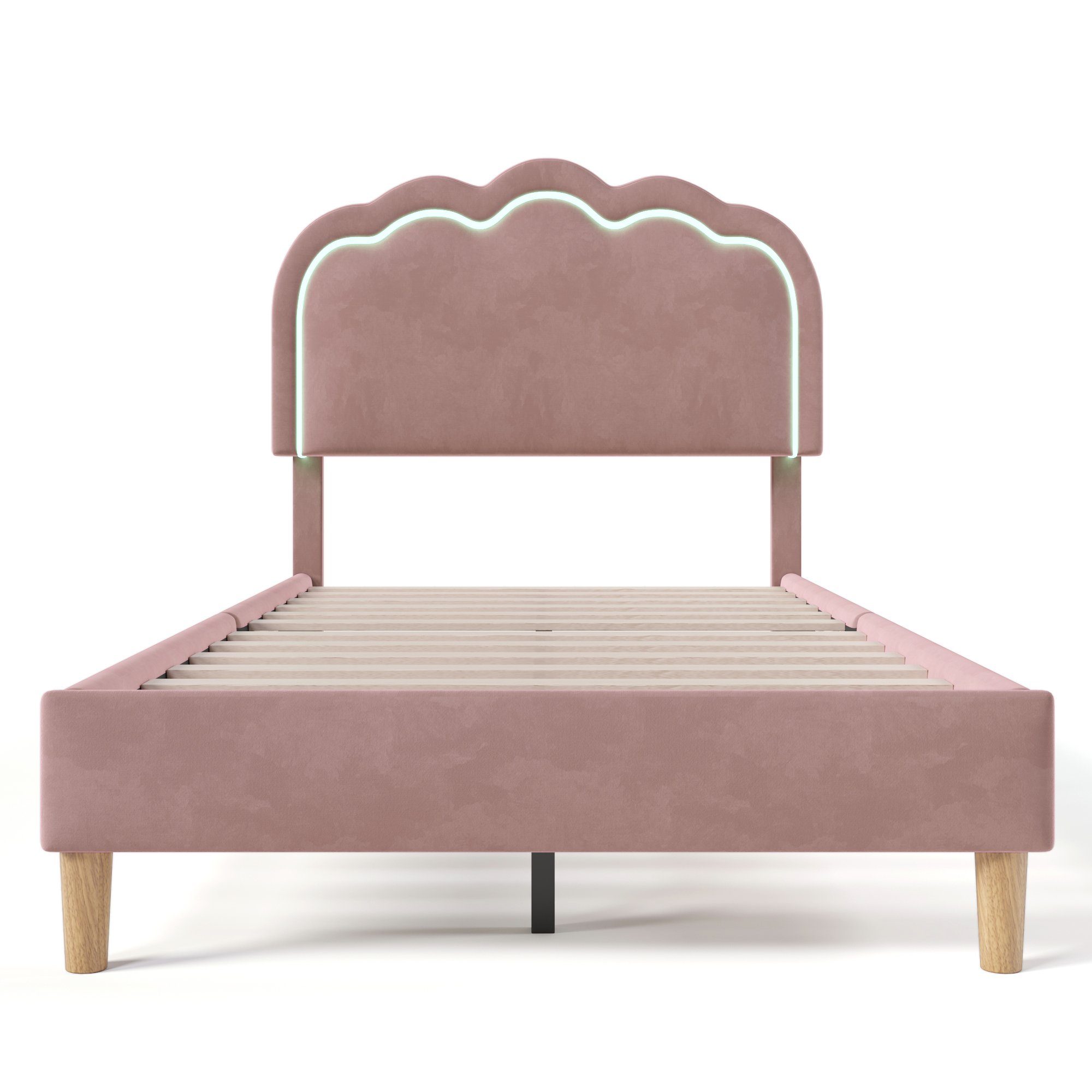 Polsterbett (Einzelbett, LED Jugendbett), mit Lattenrost und Verstellbares Kopfteil in Puff-Form, 90x200cm, Samt