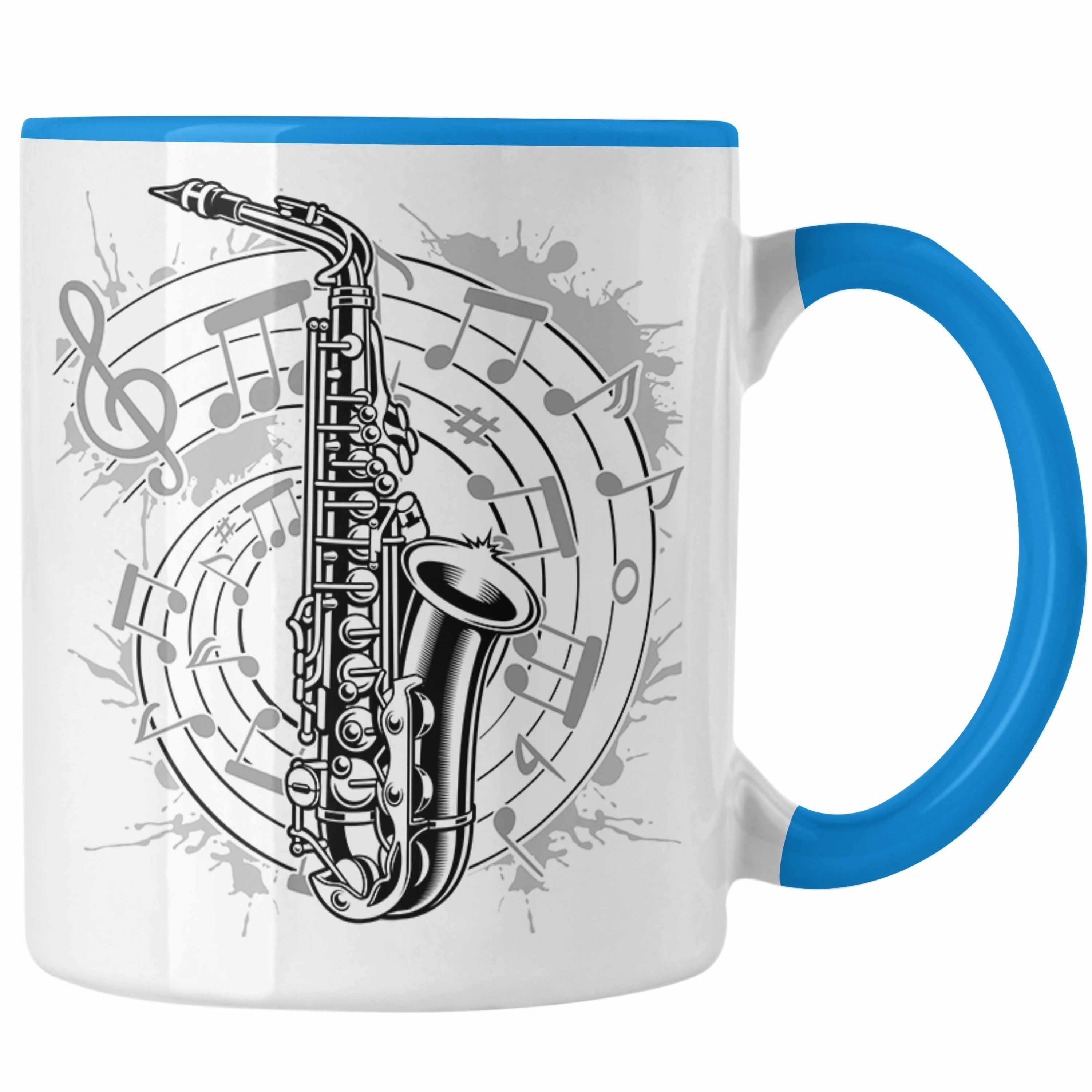 Trendation Tasse Saxophon Musik Noten Jazz Musikinstrument Saxophon-Spieler Tasse Blau