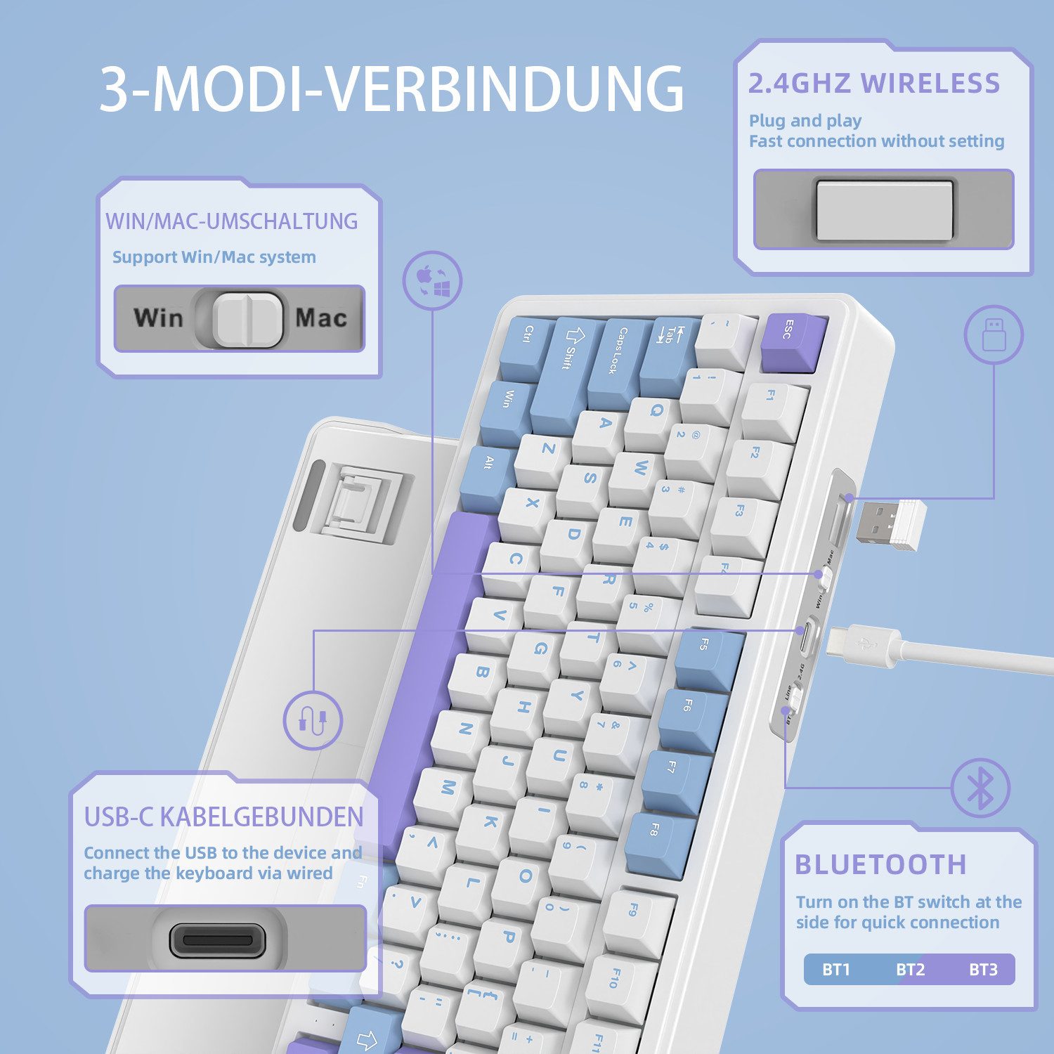 ATTACK SHARK ATTACK SHARK X85 Tri-Mode Gasket Mechanische Tastatur mit Knopf Gaming-Tastatur – Bild 4 von 5