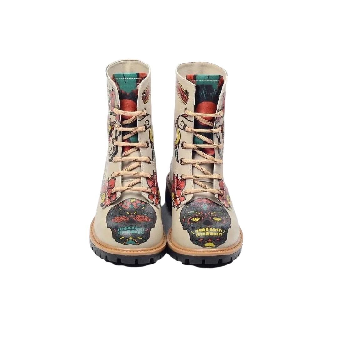 LaMarta Stiefel in Beige mit Schädel Muster Schnürstiefel