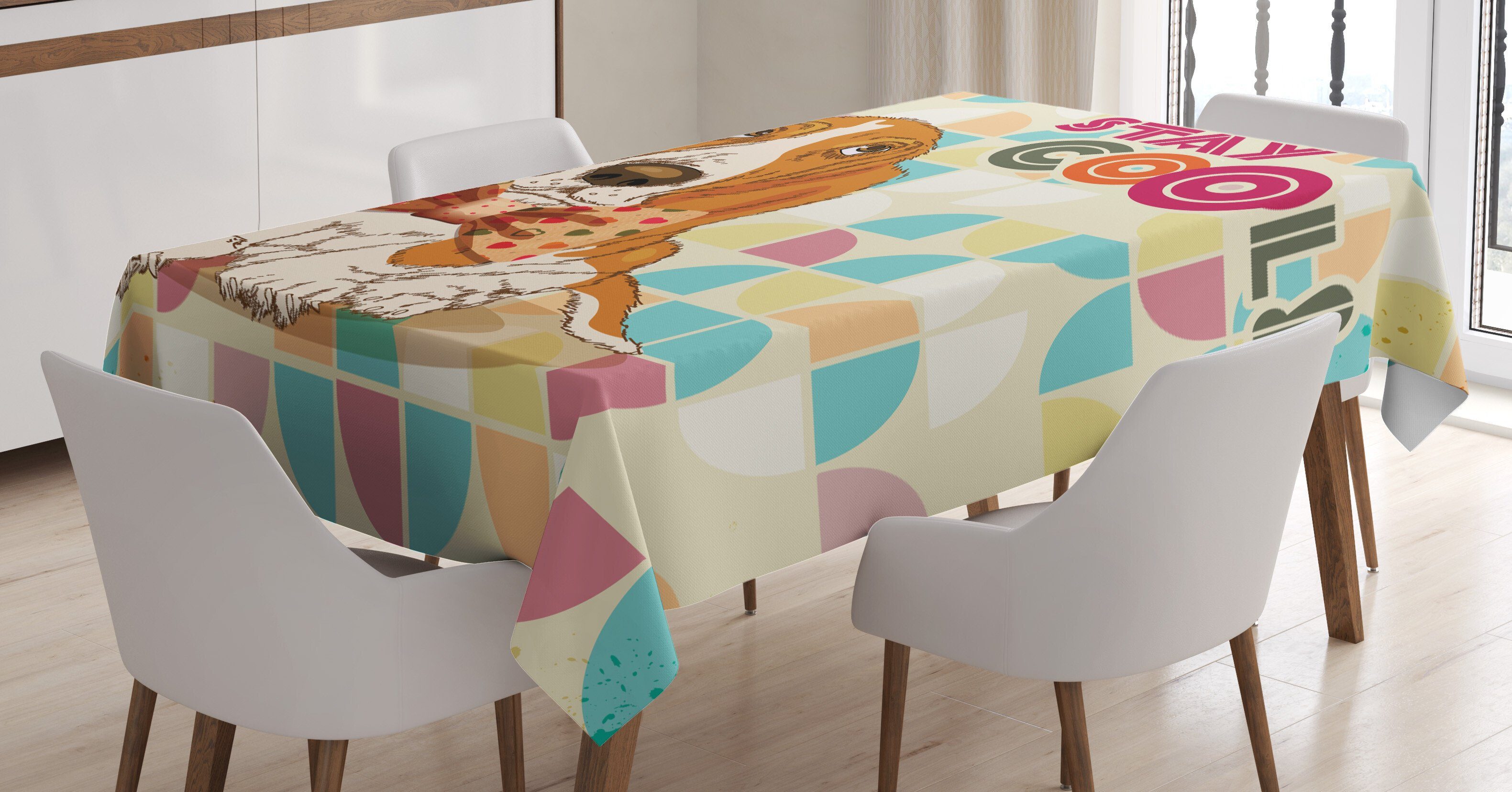 Abakuhaus Tischdecke Farbfest Waschbar Für den Außen Bereich geeignet Klare Farben, Bleib ruhig Basset Hound Dog mit Bogen