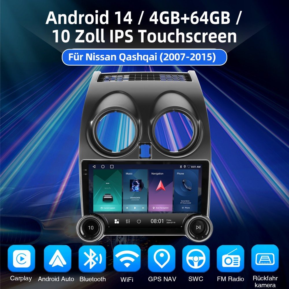 ESSGOO DAB+ Android15 Carplay 32/64G Für Nissan Qashqai J10 2007-2015 Autoradio (Digitalradio (DAB), RDS, AM, FM, 4+64GB(optional), Apple Carplay Android Auto GPS Navi WIFI BT EQ)