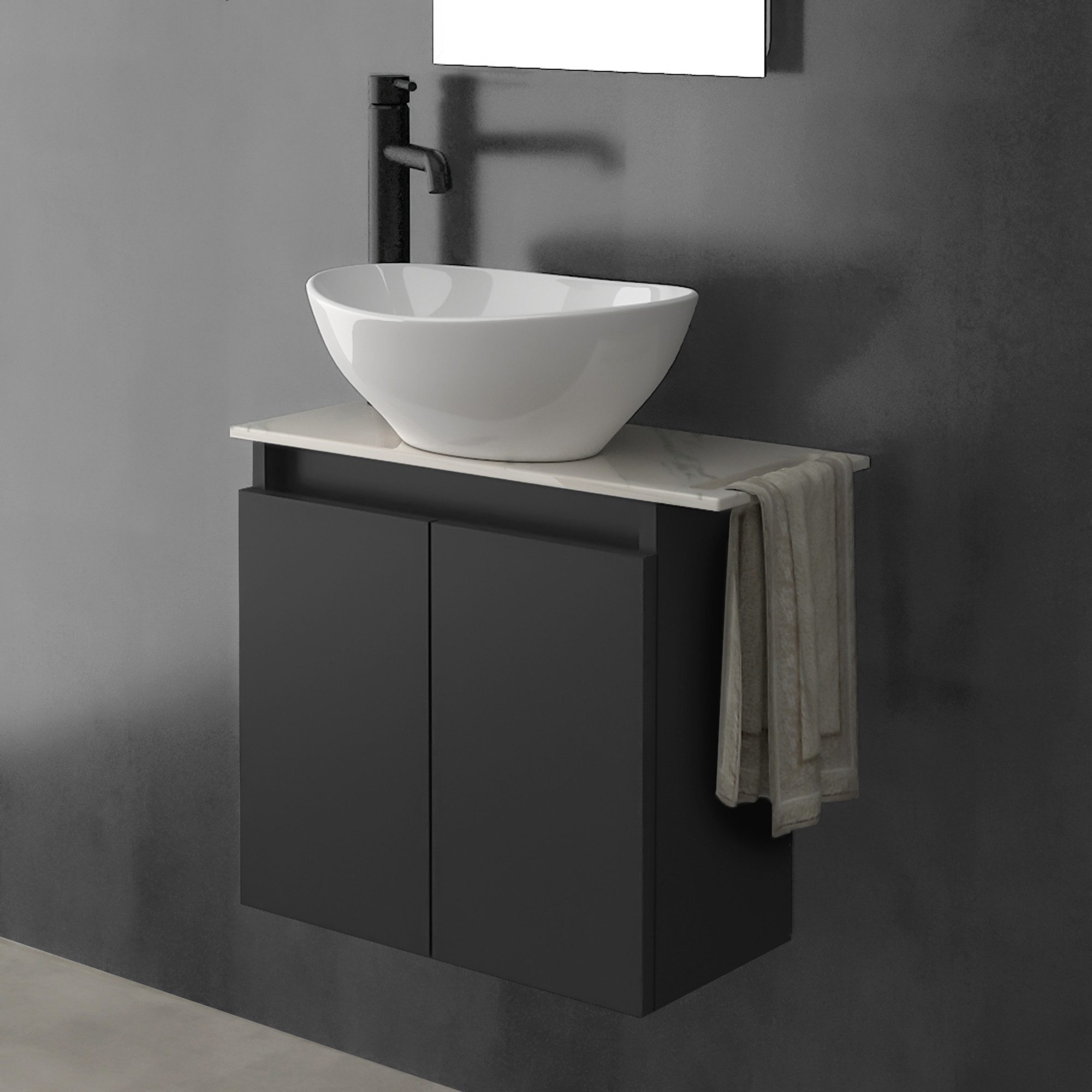 Alpenberger Waschtisch Alpenberger Aufsatzwaschbecken mit Unterschrank hängend (Waschbecken mit Unterschrank für Bad & Gäste-WC, mit Keramik Waschtischplatte), MDF/MFC Waschbeckenunterschrank Schwarz Matt
