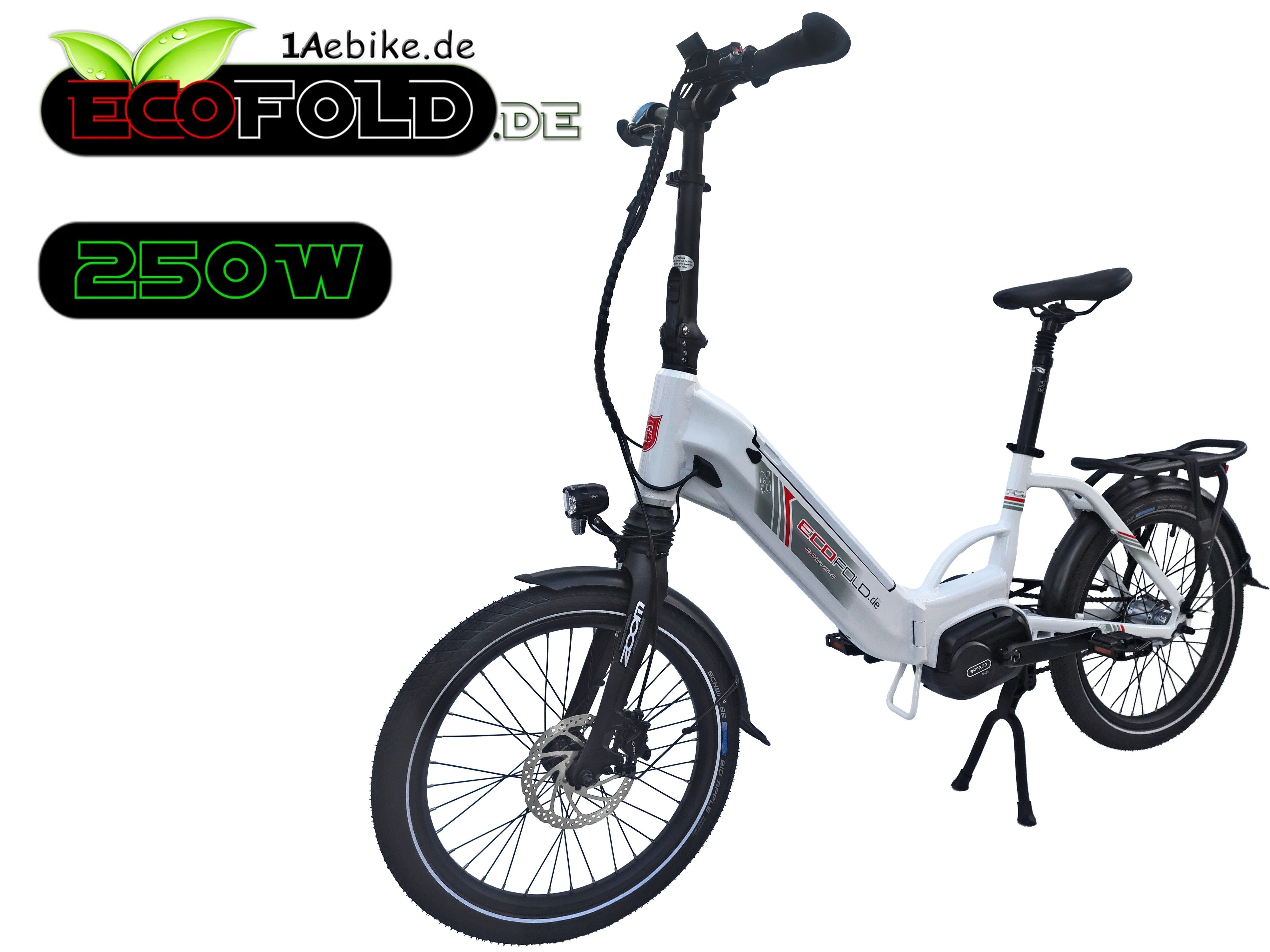 Ecofold E-Bike Nabenschaltung, 8 Klapprad schwarz, Mittelmotor E-bike Shimano, Mittelmotor weiss 20 Gang BFM420 BaFang ECOFOLD Zoll