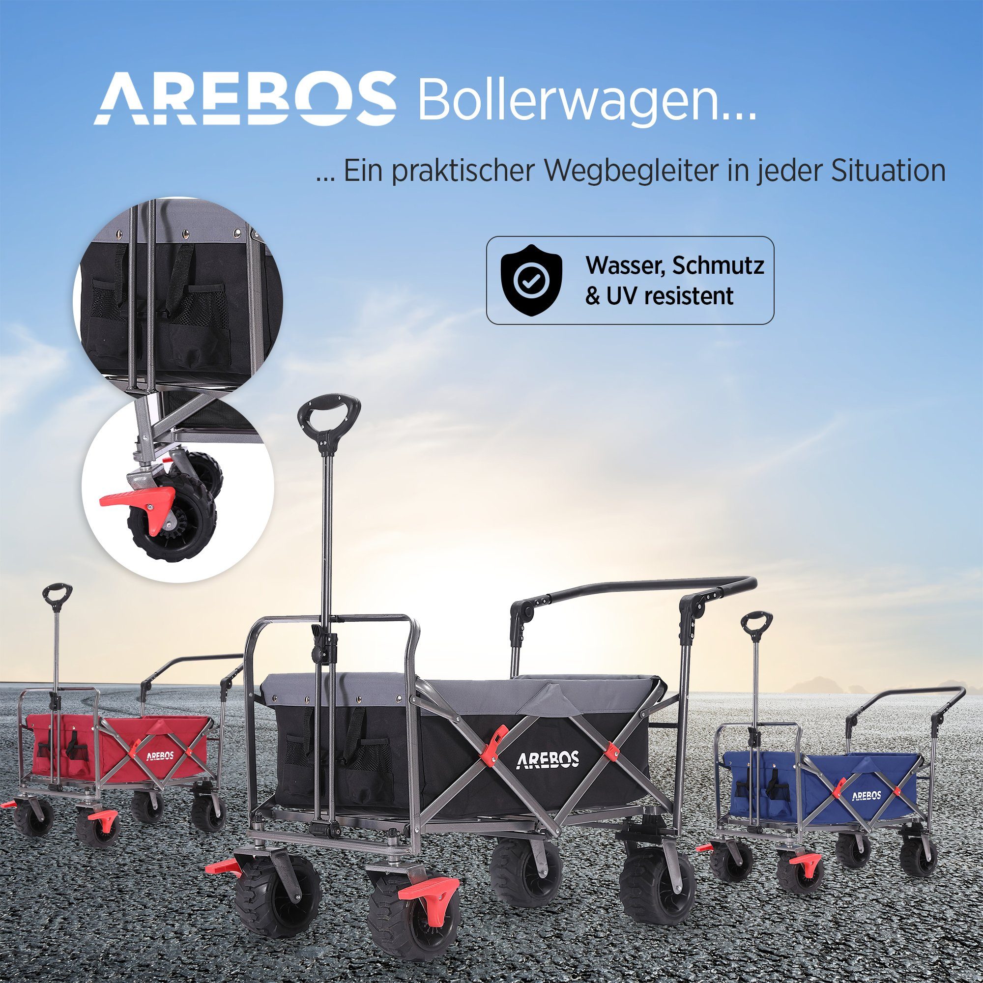 Arebos Bollerwagen Faltbarer Handwagen mit Dach – Transportkarre für Garten & Freizeit, PU-Räder und verstellbaren Griff – Bild 5 von 5